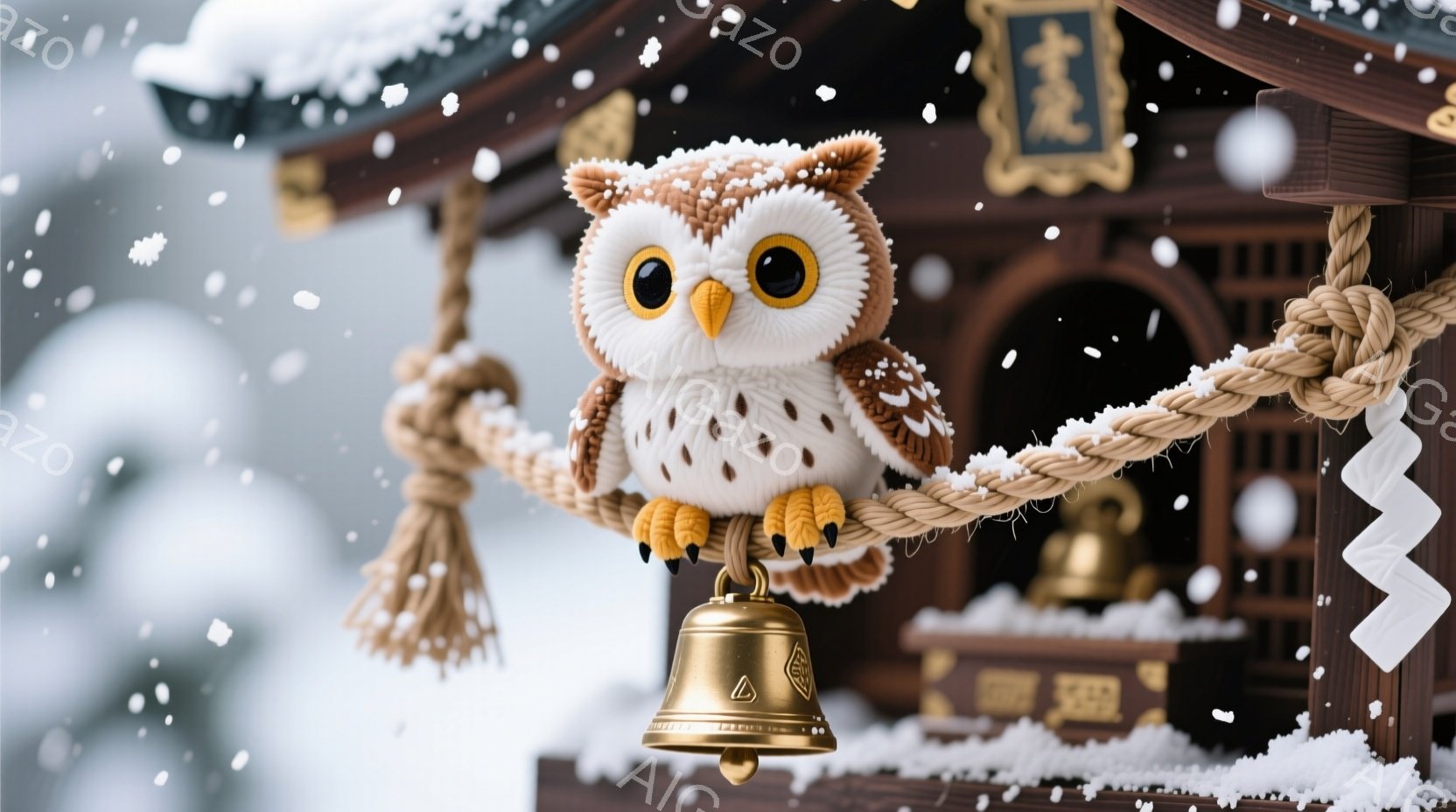ふわふわとした茶色のフクロウのぬいぐるみは、神社の注連縄の上に座り、金色の鐘の下を見下ろしています。雪が降り積もり、背景には木造の神社が見え、静かで神聖な雰囲気を醸し出しています。フクロウの大きな瞳は優しげで、冬の寒さを和らげるような温かさがあります。