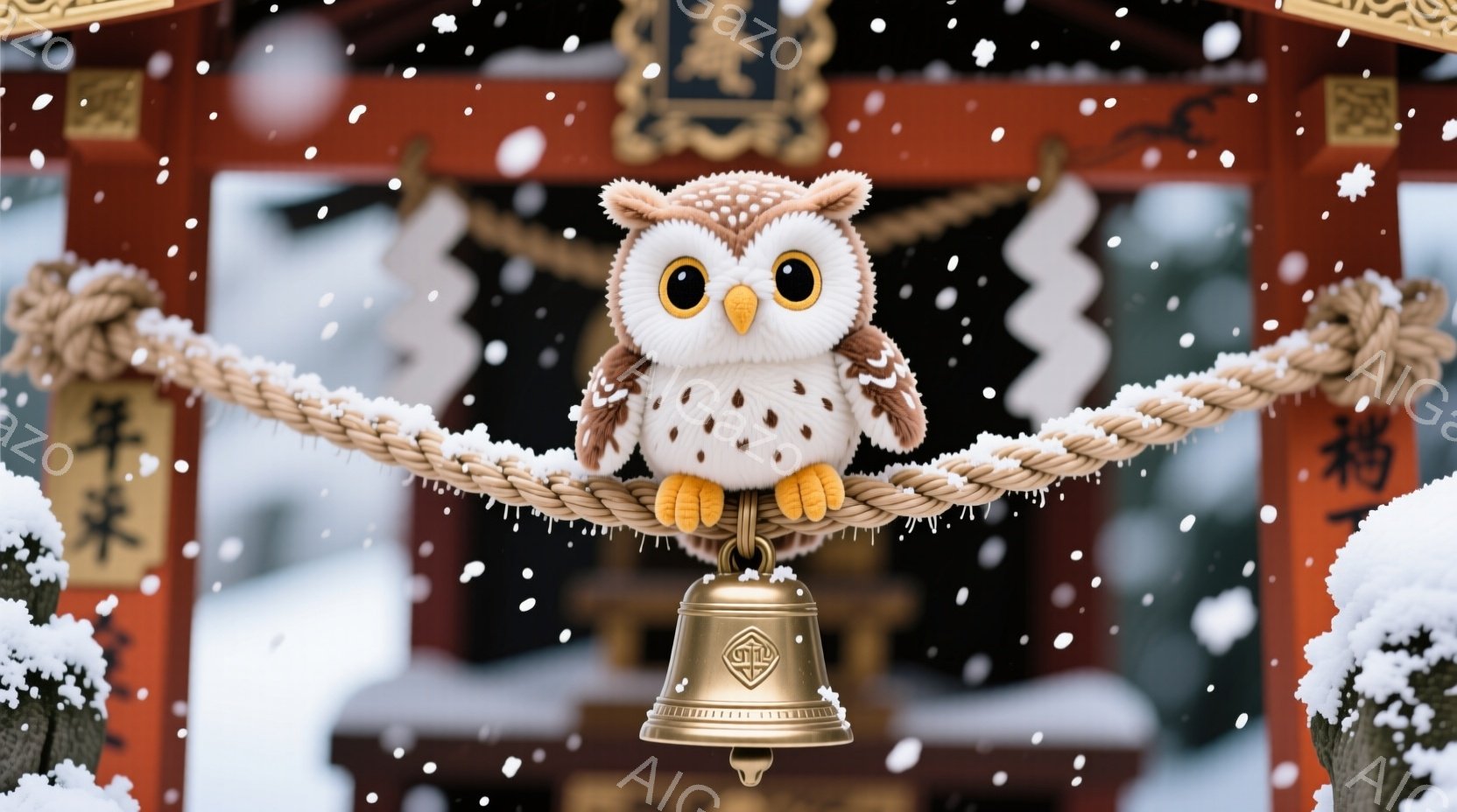 雪が降る中、可愛らしいフクロウの置物が神社の注連縄の上に座っています。フクロウは大きな目で見つめ、温かく愛らしい表情をしています。背景には赤い鳥居と雪景色が広がり、静かで穏やかな冬の雰囲気を醸し出しています。
