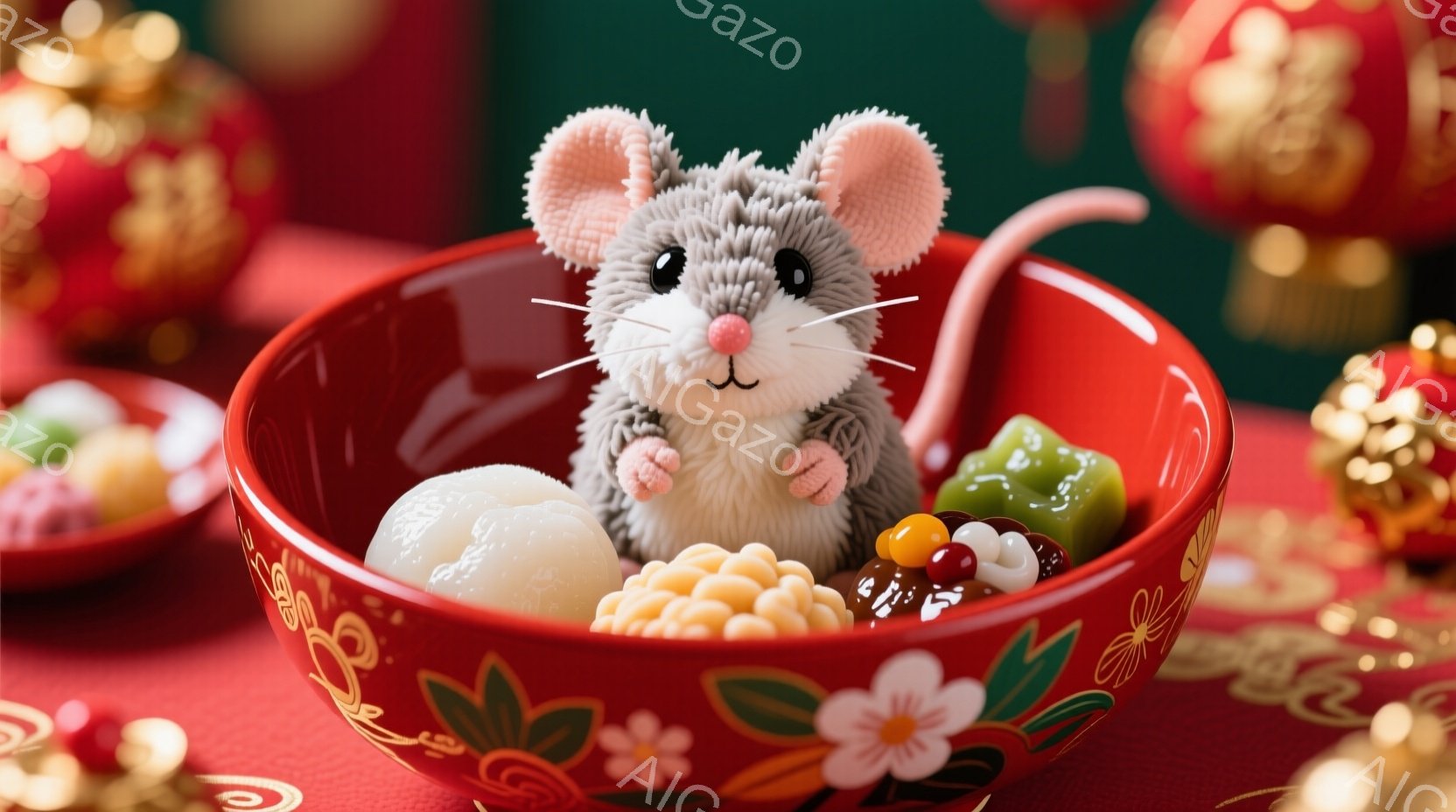 赤い縁取りのある丸いお皿の中に、ふわふわの灰色ネズミのぬいぐるみが座っています。ネズミはピンク色の服を着ており、お皿の中には団子や果物、お菓子などが飾られています。背景には赤い装飾とぼやけた金色の模様があり、お祝いの雰囲気を醸し出しています。