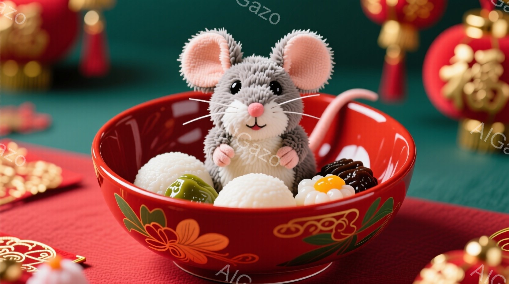 赤い縁取りのある黒い丼に、ふわふわの灰色のネズミのぬいぐるみが座っています。丼の中には、おにぎり、梅干し、甘い豆、卵黄などの日本の伝統的な朝食の食材が入っており、背景には赤い飾りと金色の模様がぼんやり - AI生成フリー素材