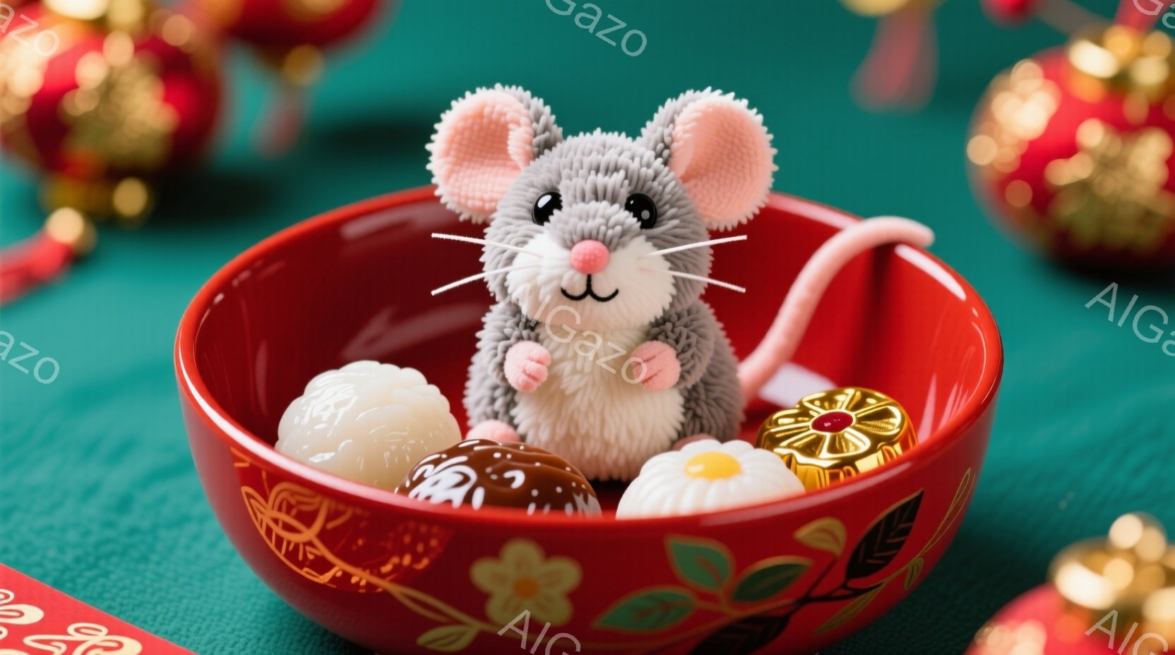 赤いお皿の中に、ふわふわの灰色のネズミのぬいぐるみが入っています。ぬいぐるみは前足を組み、お皿の中のチョコレートや和菓子を見つめており、可愛らしい表情をしています。背景には赤い飾りや緑色の布が見え、お正月らしい温かい雰囲気を醸し出しています。