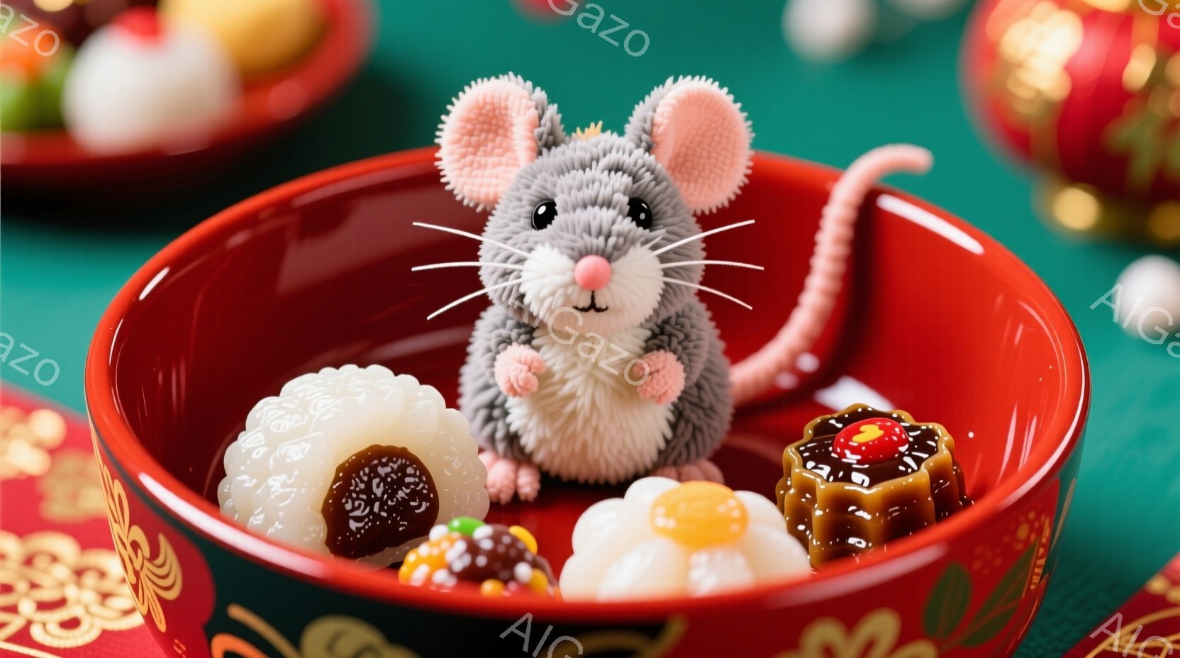 鮮やかな赤色の器の中に、可愛らしいネズミのぬいぐるみが座っています。器の中には、お団子や練り切りなど、日本の伝統的な和菓子が彩り豊かに並べられています。背景には、金色の模様が描かれた布や、ぼやけた和菓子の存在が見え、お正月や特別な日の雰囲気を醸し出しています。