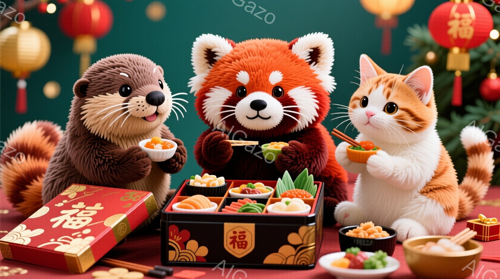 かわいらしい動物たちが日本の伝統的なお弁当箱を囲んで座っています。カワウソ、レッサーパンダ、猫がそれぞれ小さな器に入った料理を前に、楽しそうな表情を浮かべています。背景には赤い提灯や緑の葉があり、お祝いの雰囲気が漂っています。