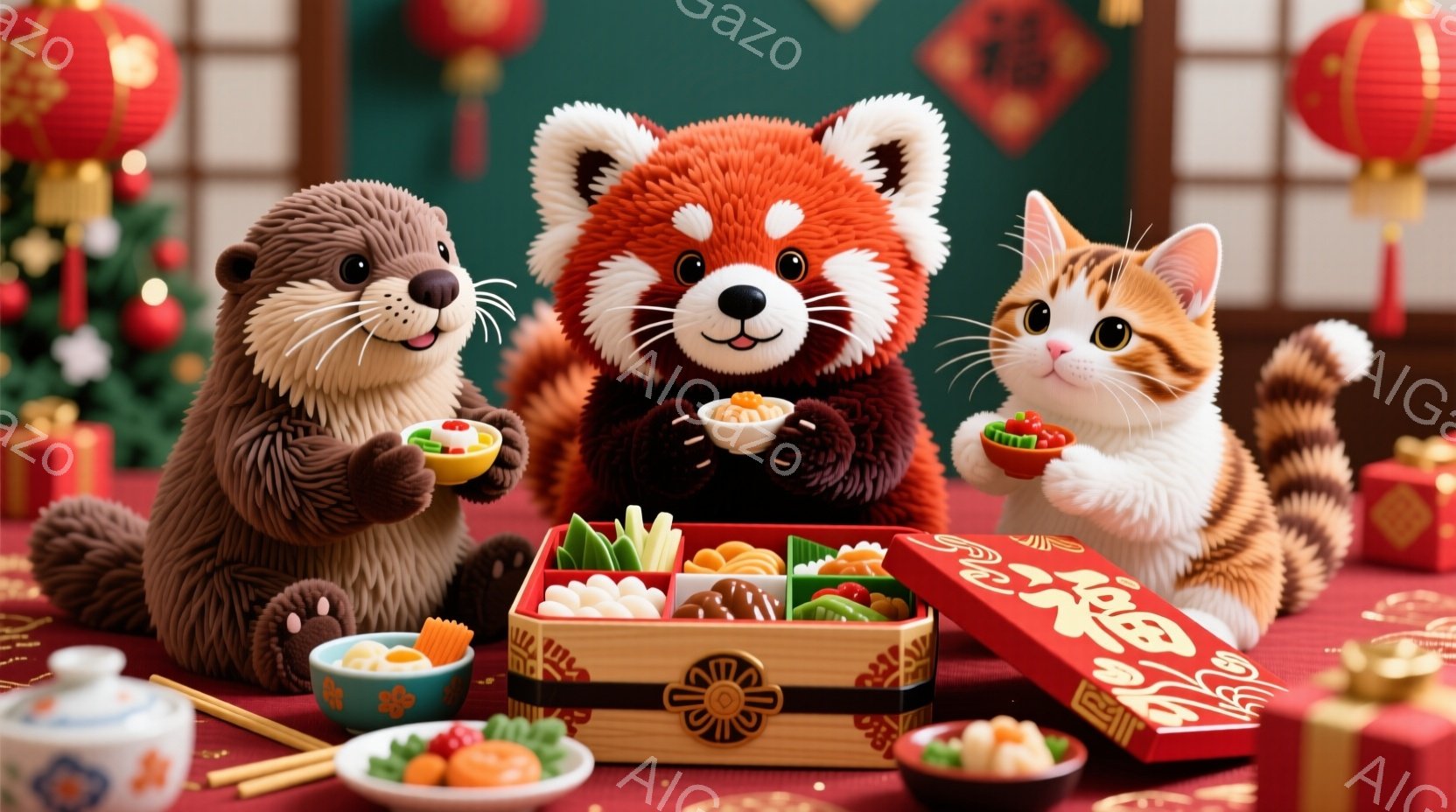 かわいらしい動物たちが、お祝いの食事を楽しんでいる様子が描かれています。カワウソ、レッサーパンダ、猫が、豪華な弁当箱を囲み、それぞれお椀に入った料理を味わっています。背景には赤い提灯や、お祝いの飾り付けが見られ、全体的に温かく、華やかな雰囲気が漂っています。