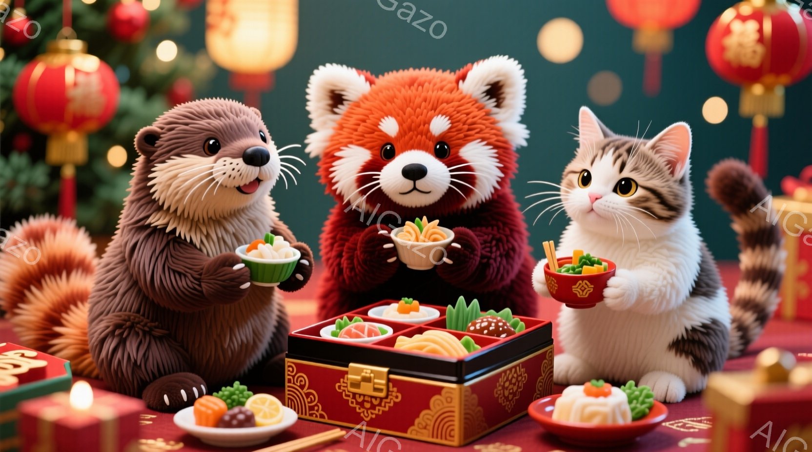 明るい赤いテーブルの上に、カワウソ、レッサーパンダ、猫が並んで座り、それぞれお寿司の入った小さな金色の鉢を持って楽しんでいます。背景には、中国風の提灯や、寿司の盛り合わせが置かれた豪華な弁当箱があり、お祝いの雰囲気が漂っています。全体的に、暖かく、幸せで、お祭り気分なイメージです。