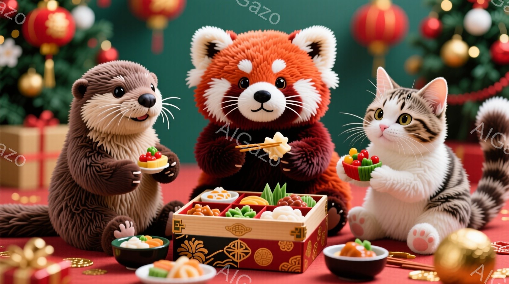 かわいらしい動物たちがお正月らしい食事を楽しんでいる様子が描かれています。カワウソ、レッサーパンダ、猫がそれぞれ小さな皿に盛られたお節料理を手に持ち、楽しげな表情を浮かべています。背景には赤い装飾と緑の背景があり、お正月の暖かく、祝祭的な雰囲気を醸し出しています。