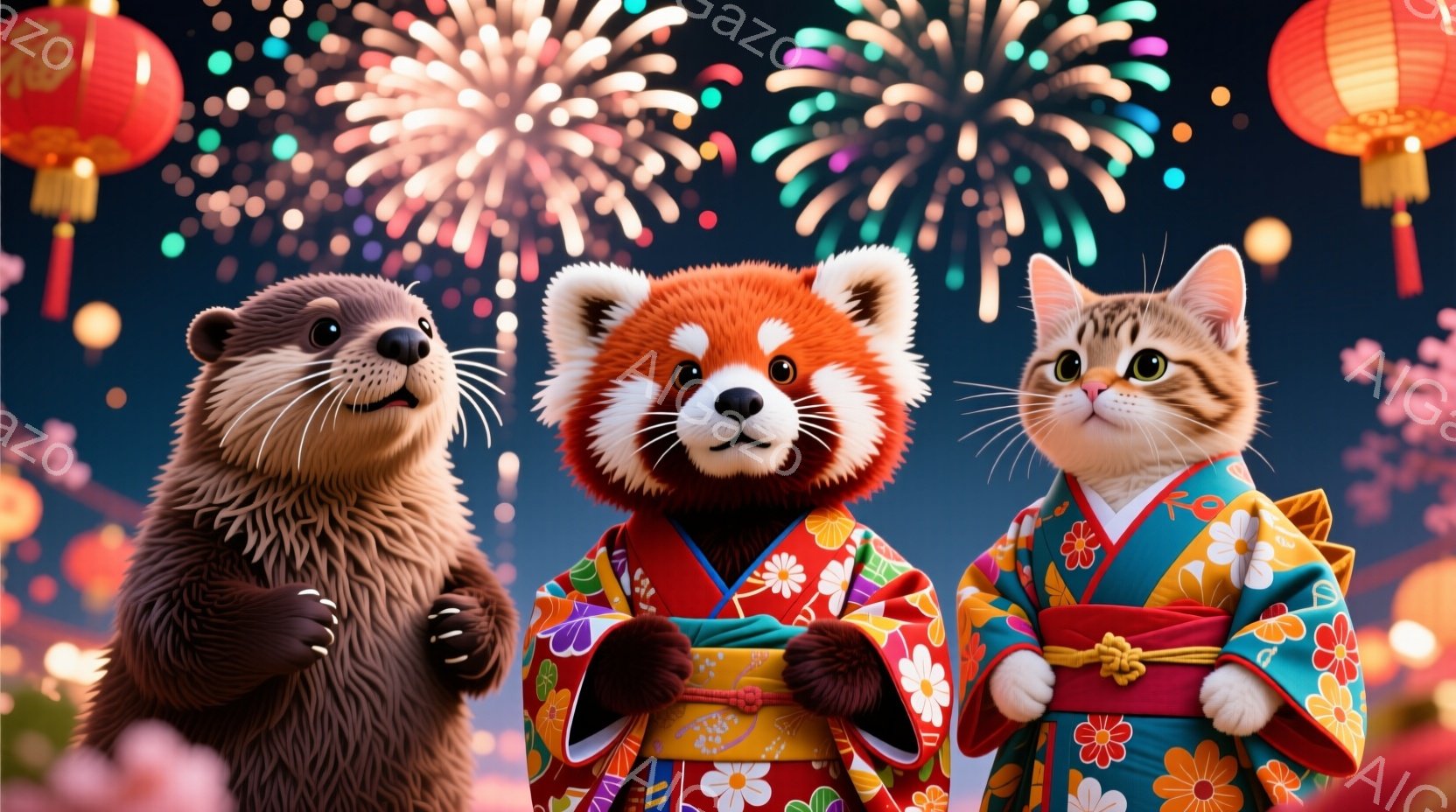 雪景色の中に、可愛らしいビーグルの犬のぬいぐるみが二匹、お互いを見つめ合っています。二匹は紺色地に白い花柄の着物を着ており、雪の積もった地面に膝をついて、穏やかな表情で寄り添っています。背景には赤い鳥 - AI生成フリー素材