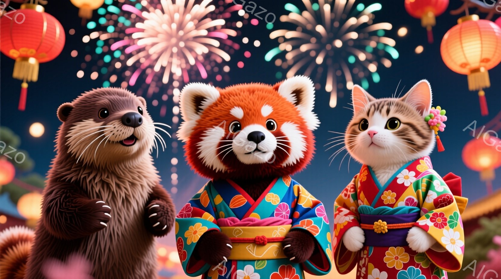 かわいらしい動物たちが着物を着て並んでいます。パンダのような動物は青緑色の花柄の着物を着ており、赤いリボンで結ばれています。背景には花火が上がり、赤い提灯が飾られ、お祭りや祝賀の雰囲気が漂っています。 - AI生成フリー素材