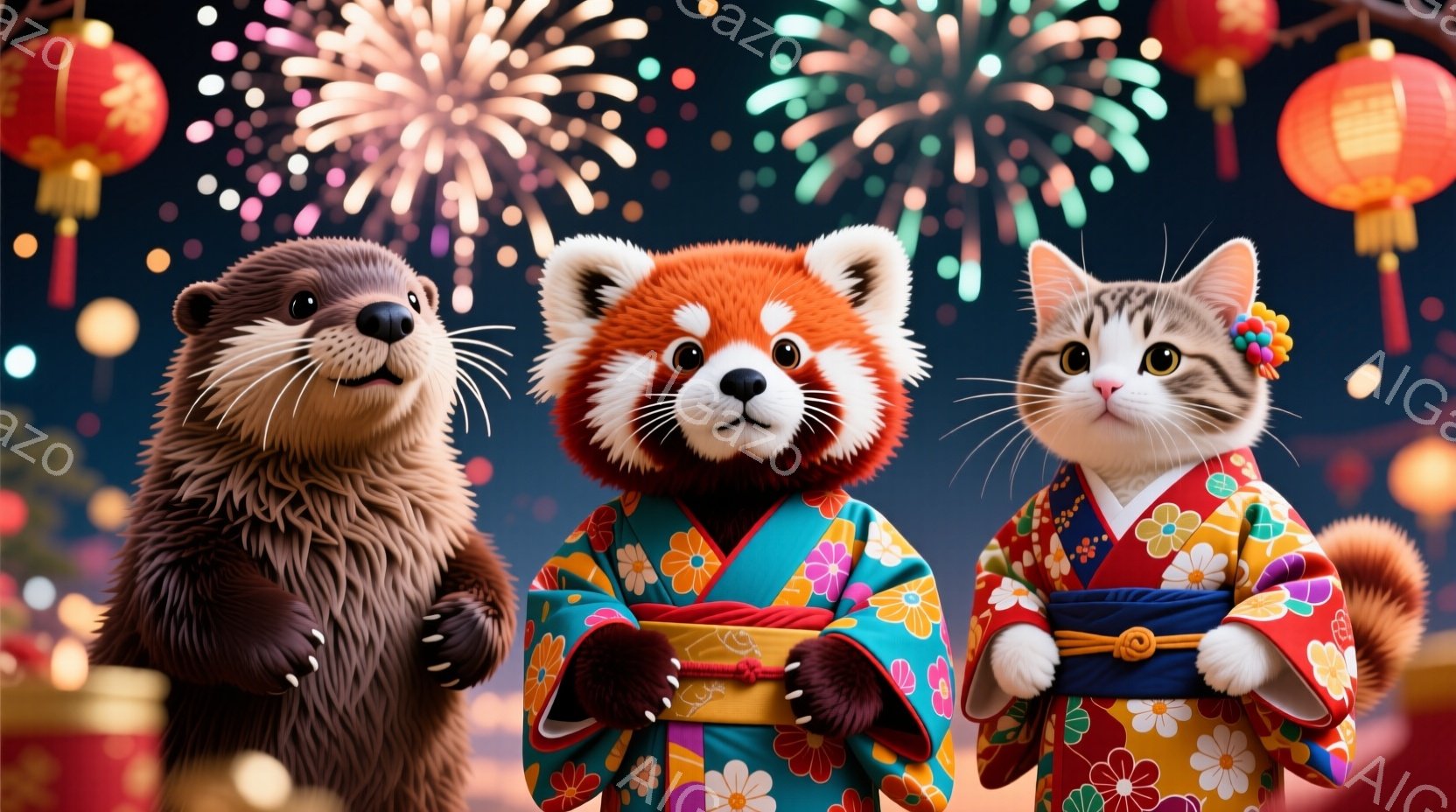 ３匹の動物が着物を着て並んでいます。カワウソは立っており、パンダは緑と青の鮮やかな花柄の着物を着ており、猫も同じような色の着物と帯を締めています。背景には花火と赤い提灯が散りばめられており、お祭りのような華やかな雰囲気が漂っています。
