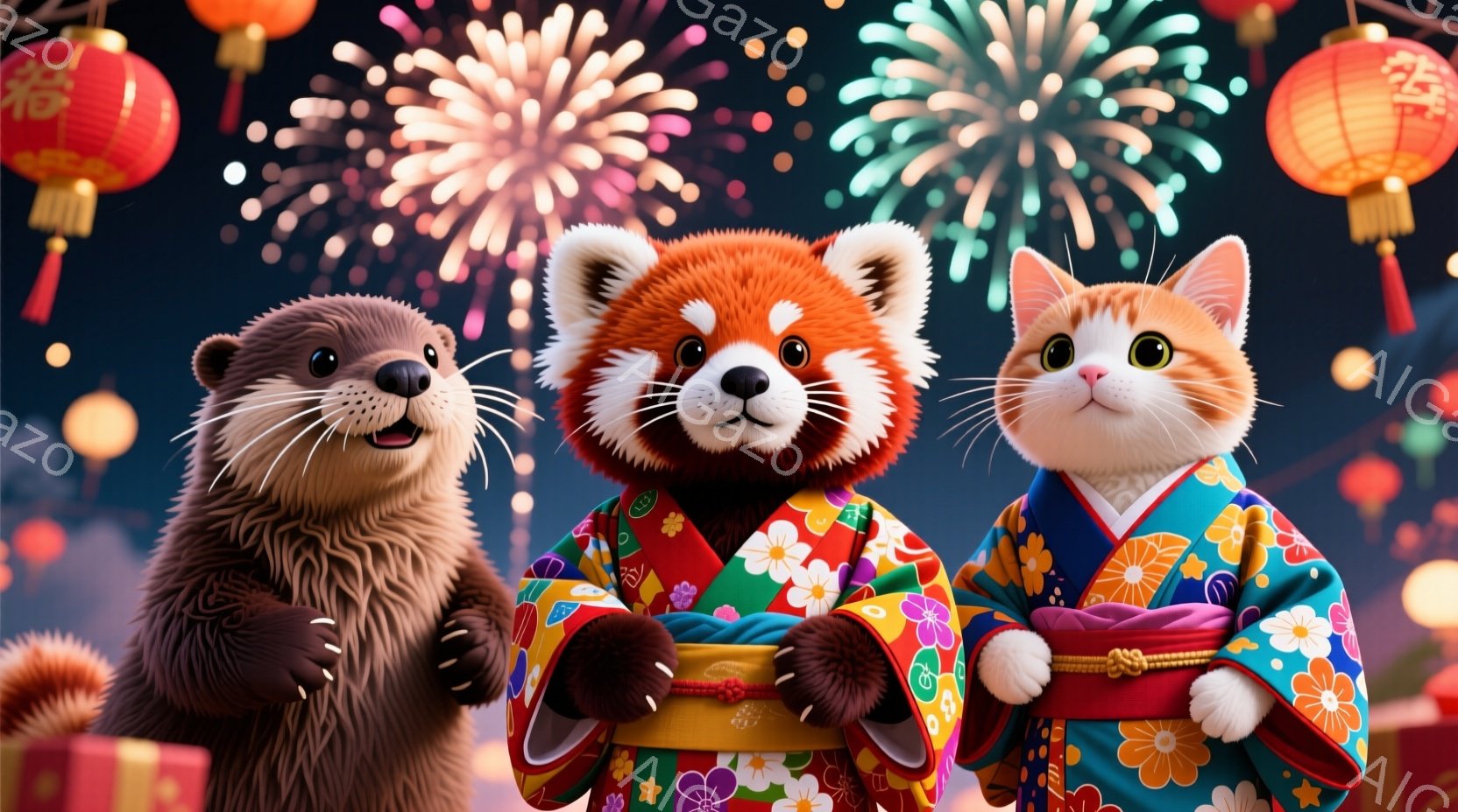 カワウソ、レッサーパンダ、猫が、日本の伝統的な着物を着て並んでいます。それぞれの着物には鮮やかな花柄が描かれ、帯でしっかりと結ばれています。背景には、夜空に打ち上げられる花火と赤い提灯が飾られ、お祭りの賑やかな雰囲気を醸し出しています。
