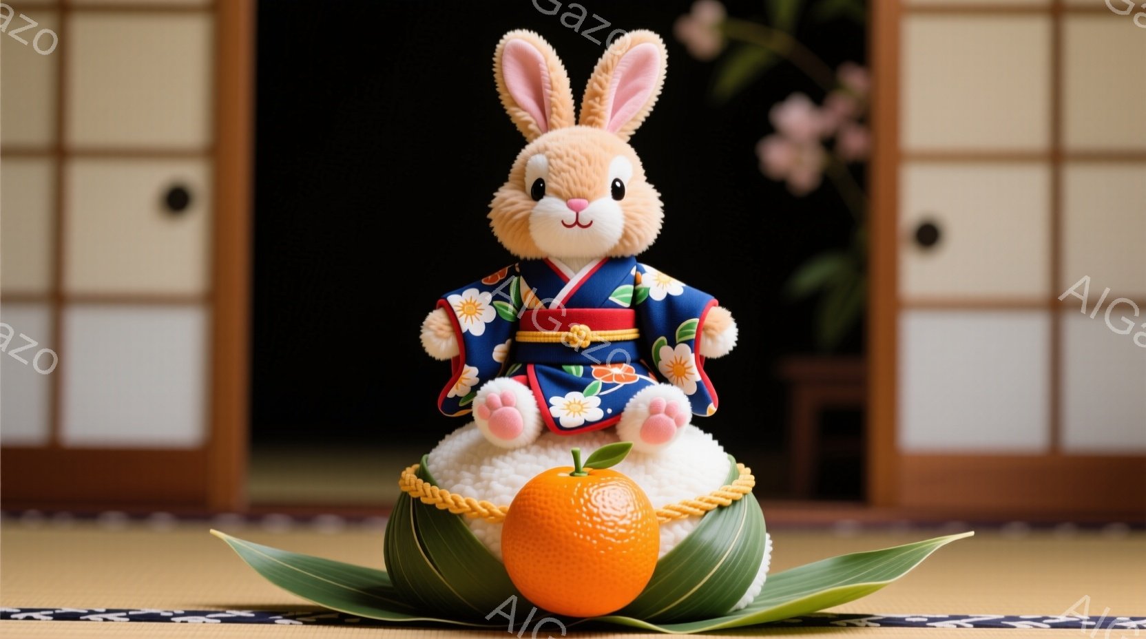 白いふわふわのウサギのぬいぐるみは、鮮やかな青色の着物と、橙色の花柄の帯を身に着けて座っています。ウサギは微笑んでおり、足元には大きなみかんが置かれた緑色の葉が敷かれています。背景には畳と障子戸があり、落ち着いた和の雰囲気を醸し出しています。