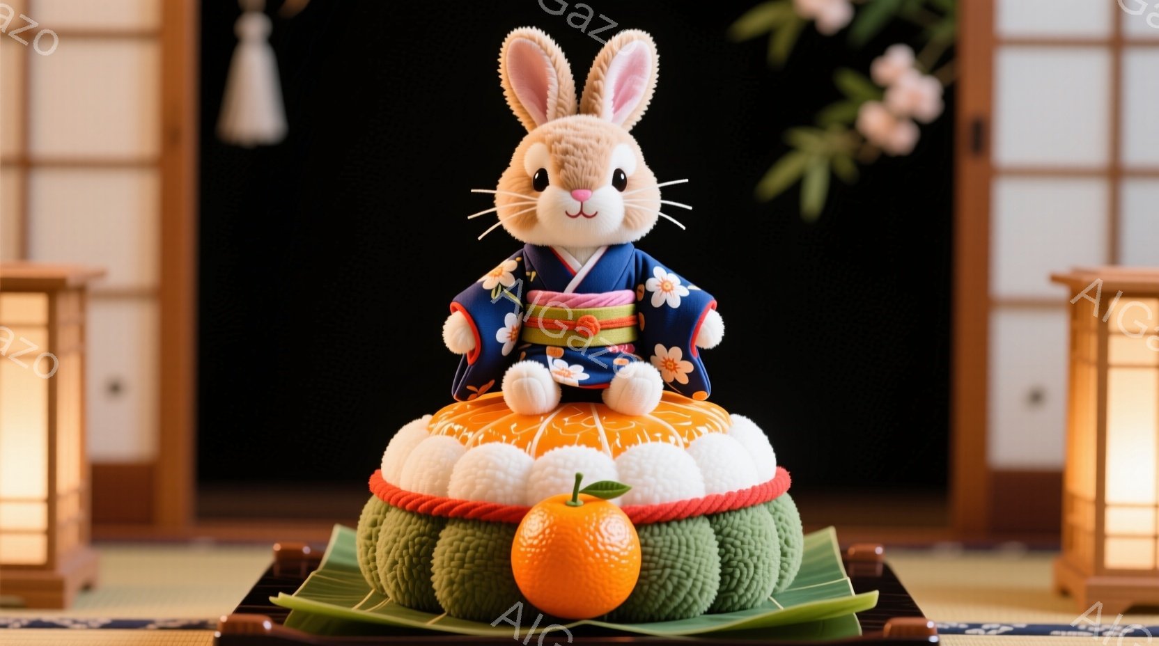 ぬいぐるみのようなかわいらしいウサギが、日本の伝統的な衣装である着物を身につけています。ウサギはオレンジと白い丸いお団子のようなものの上に座っており、その表情は穏やかで微笑んでいます。背景には畳の床と提灯が見え、日本の伝統的なお祝いの雰囲気を醸し出しています。