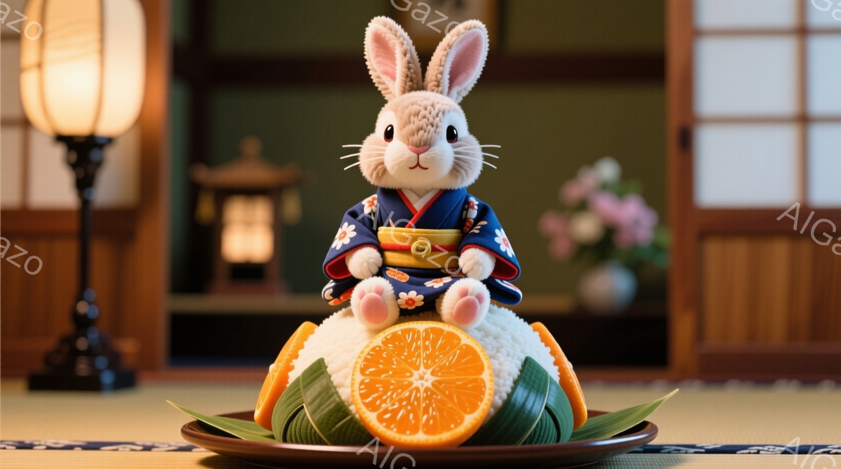 籐編みの浅い籠の中に、ふわふわの白い犬のぬいぐるみが横たわっています。周りには、ご飯と味噌汁、そして和え物などの日本の伝統的な料理が並べられています。木製のテーブルに置かれた料理とぬいぐるみは、温かく、可愛らしい雰囲気を醸し出しています。