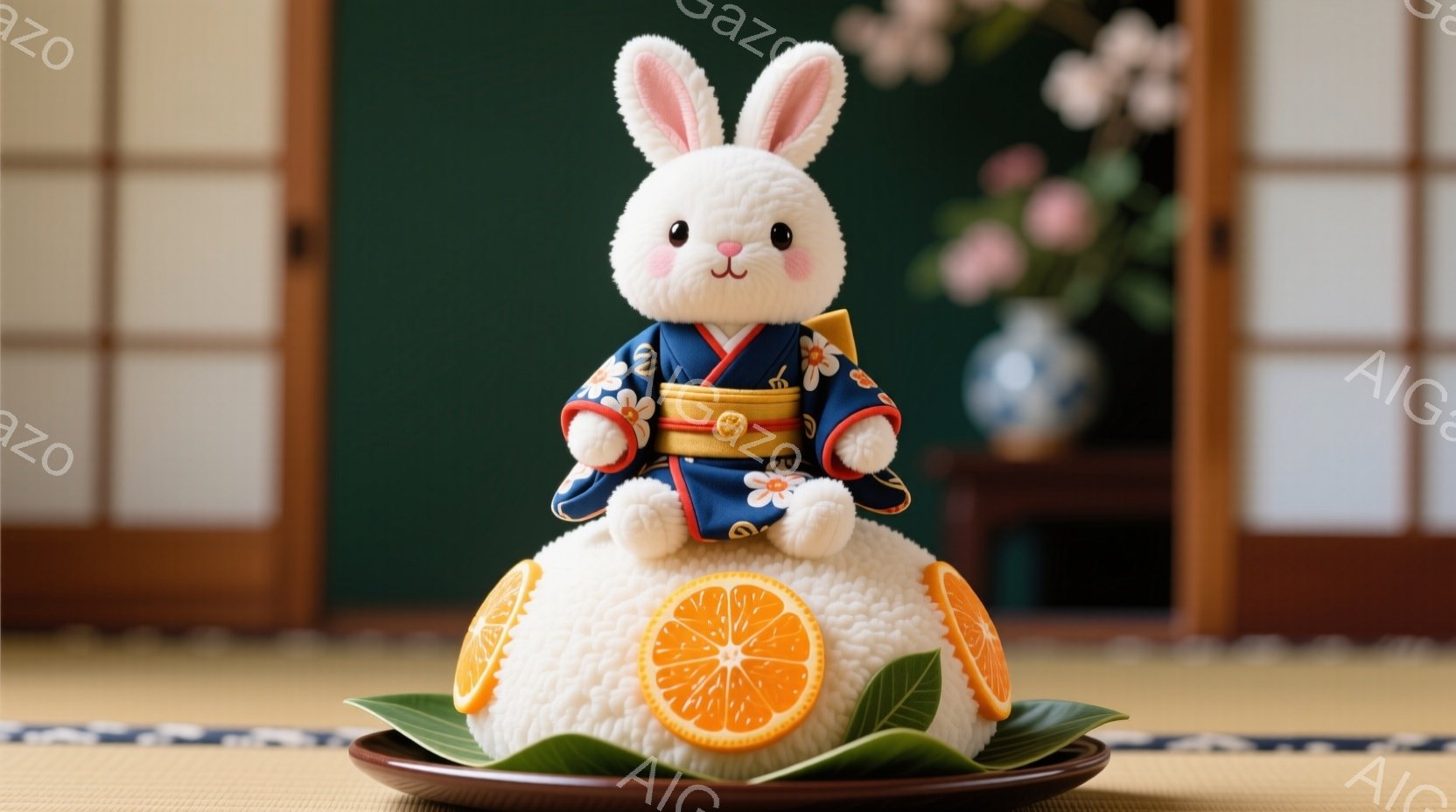 白いウサギが畳の上に置かれたお盆に座っており、鮮やかな青色の着物を着ています。ウサギは笑顔で、頭にはオレンジのスライスが飾られており、全体的に春らしい華やかな雰囲気です。背景には障子や花瓶が見え、落ち - AI生成フリー素材