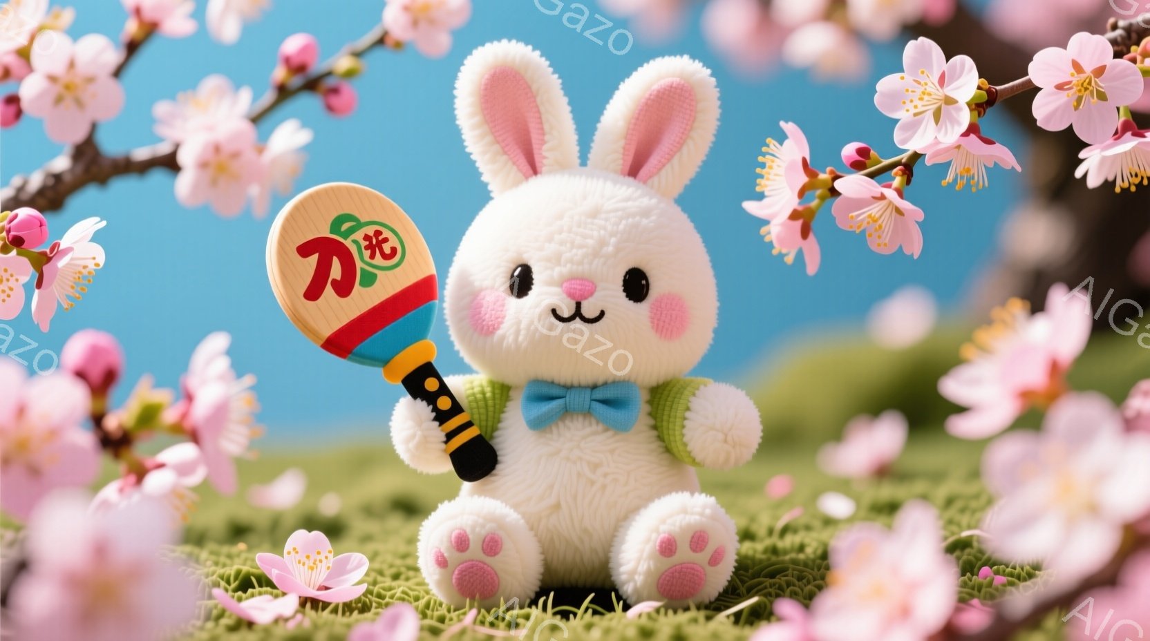 白いふわふわのウサギのぬいぐるみは、緑色のセーターと水色のリボンタイを身につけて、ピンク色の桜の花びらが舞う緑の芝生の上に立っています。ウサギは片手に黒い柄の和風の玩具「叩き棒」を持っており、ピンク色のパステルカラーの桜の花が背景を彩り、春の暖かく穏やかな雰囲気を醸し出しています。全体的に可愛らしく、柔らかい光が春らしさを強調しています。