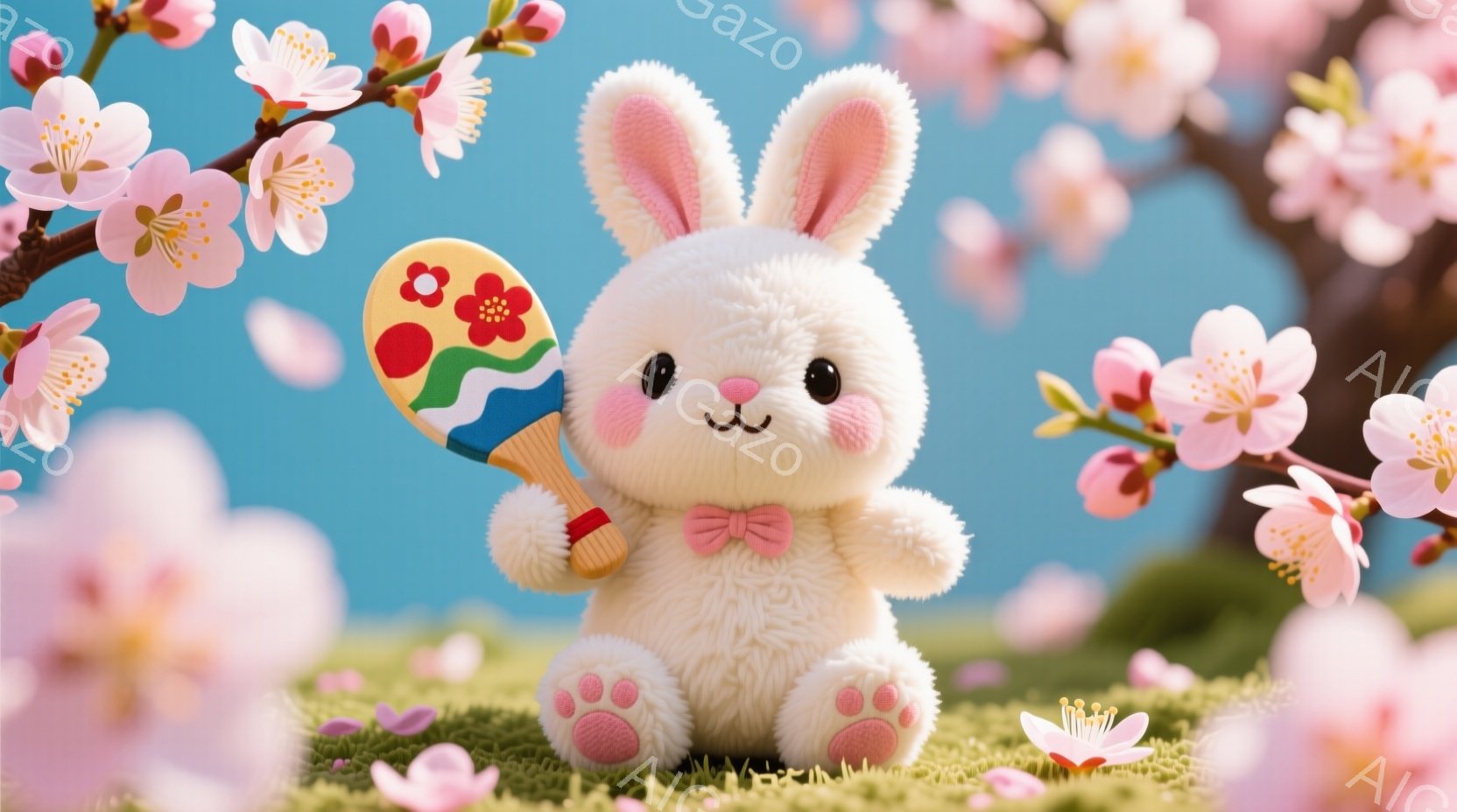 白くてふわふわのウサギが、ピンクのリボンと可愛らしい表情で座っています。ウサギは片手に色鮮やかな和柄の扇子を持っており、春の訪れを感じさせる背景には、桜の花びらが舞い散る桜の木が見えます。全体的に暖かく、夢のような雰囲気で、春の喜びを表現しています。