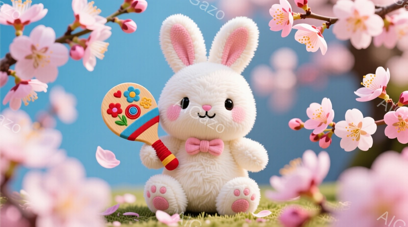 ふわふわの茶色い犬のぬいぐるみが、紺色の花柄の着物を着て雪景色の中に立っています。犬はカラフルな凧を手に持ち、嬉しそうな表情で前を見つめています。背景には雪で覆われた植物や赤い提灯が見え、冬の穏やかな - AI生成フリー素材