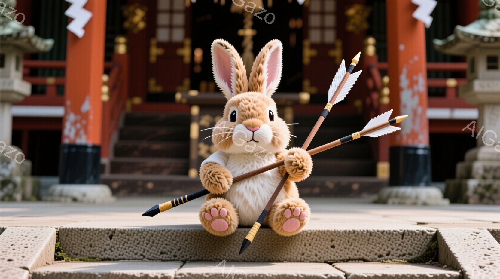 ふわふわの茶色のウサギのぬいぐるみは、石段に座って矢を抱えています。背景には、鮮やかな朱色の神社が見え、緑豊かな自然と調和しています。全体的に、温かく、平和で、少しユーモラスな雰囲気です。 - AI生成フリー素材