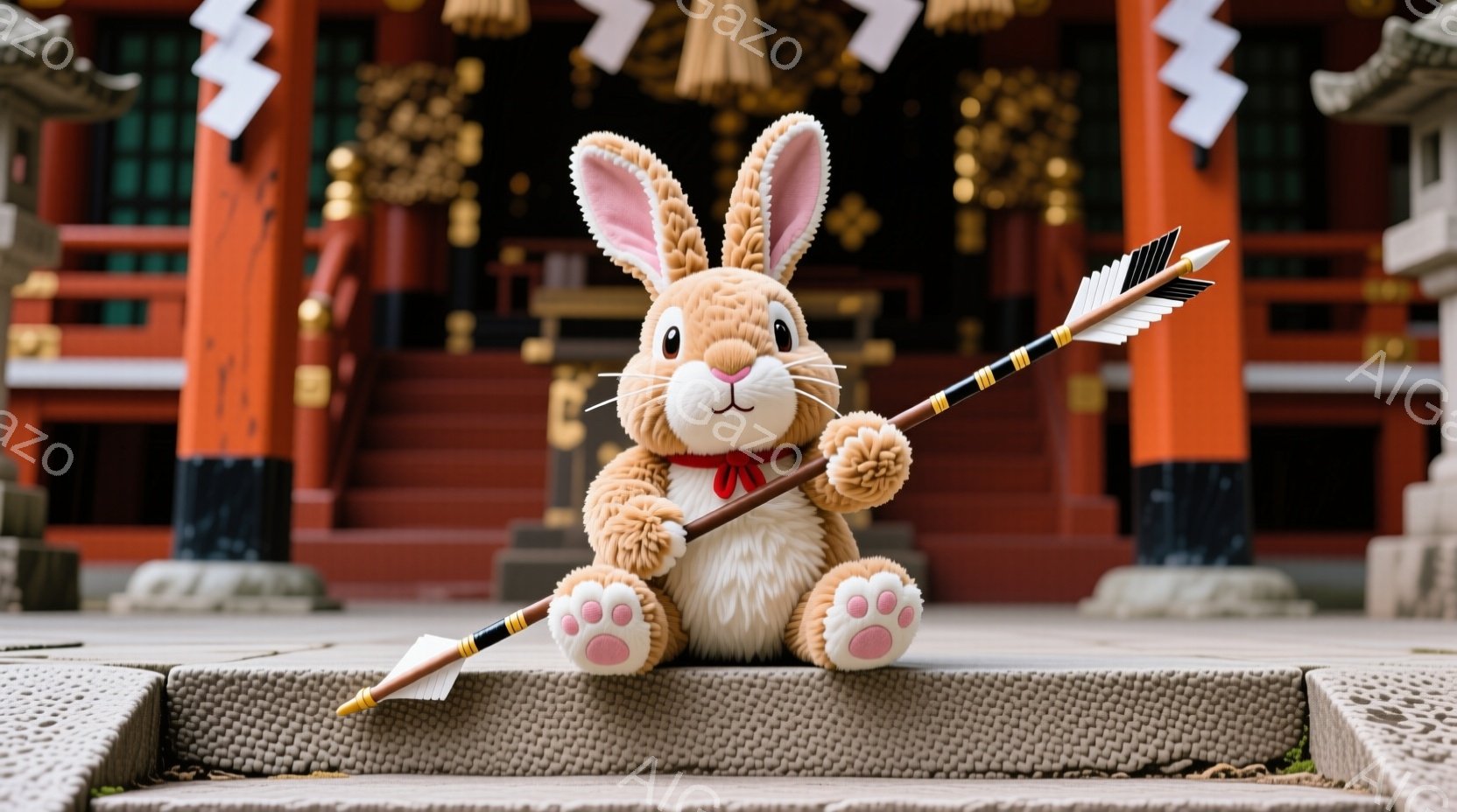 明るい茶色のふわふわしたウサギのぬいぐるみは、赤いリボンを首に巻き、片手に矢を持っている。ぬいぐるみは石段に座っており、背景には鮮やかな朱色の神社の建物が見える。全体的に明るく、可愛らしい雰囲気で、お祭りや参拝の情景を連想させる。
