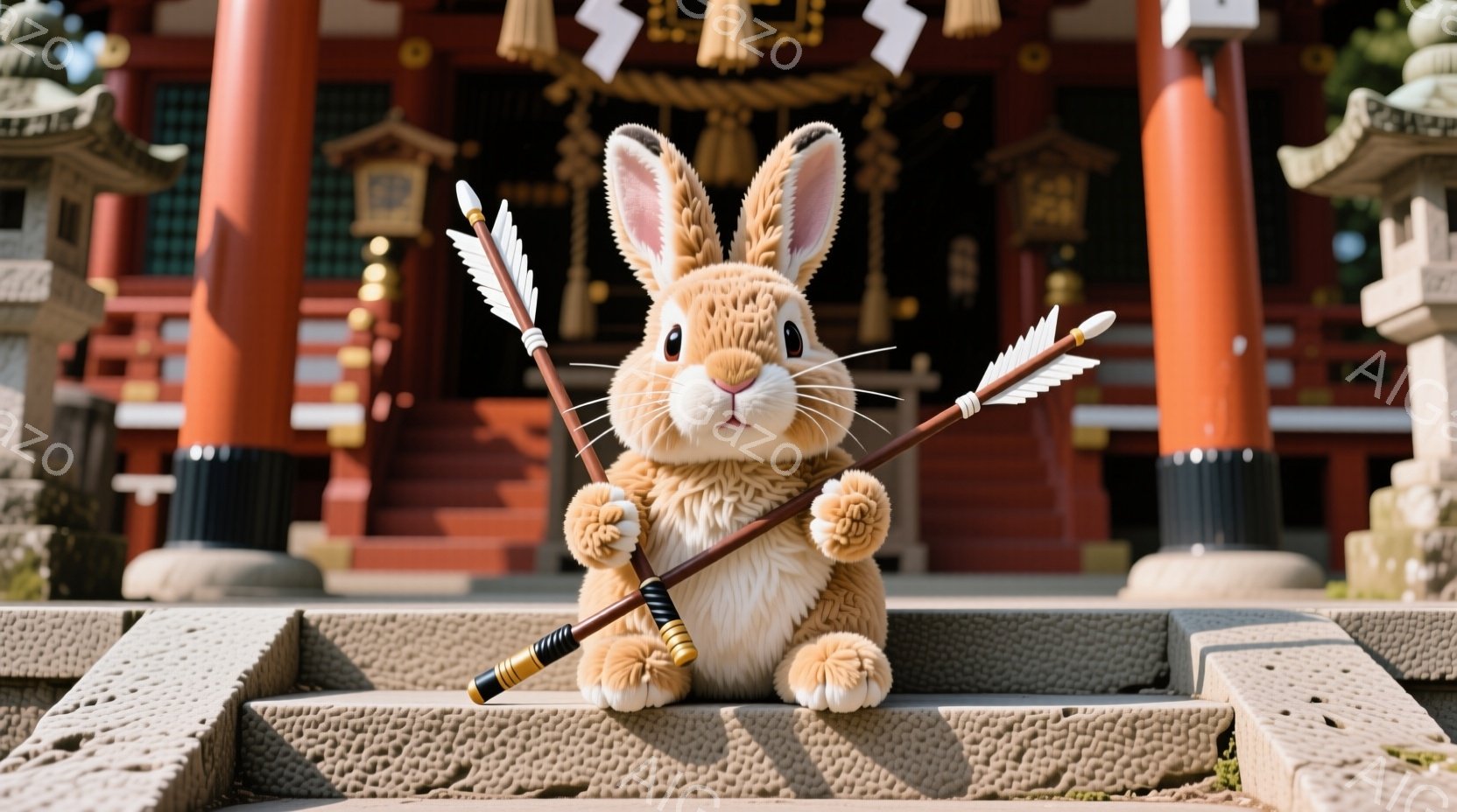 明るい茶色のふわふわしたウサギが、石段の上に立って、両手に金色の装飾が施された弓矢を持っています。背景には、鮮やかな朱色の社殿と石灯籠が並び、晴天の下、厳かな雰囲気が漂っています。ウサギは正面を見据え、少し上目遣いで、可愛らしい表情をしています。
