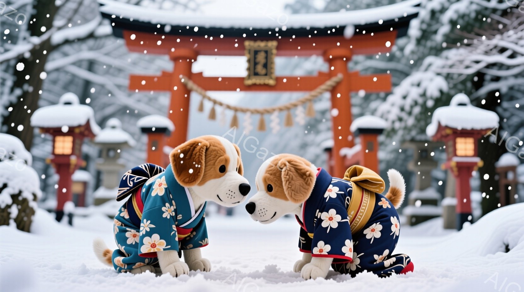 雪が降り積もる中、可愛らしいビーグル犬が二人、日本の伝統的な柄の着物を着て向かい合っています。犬たちは、お互いの鼻先を触れ合うように寄り添い、優しい表情を浮かべています。背景には赤い鳥居と雪で覆われた - AI生成フリー素材