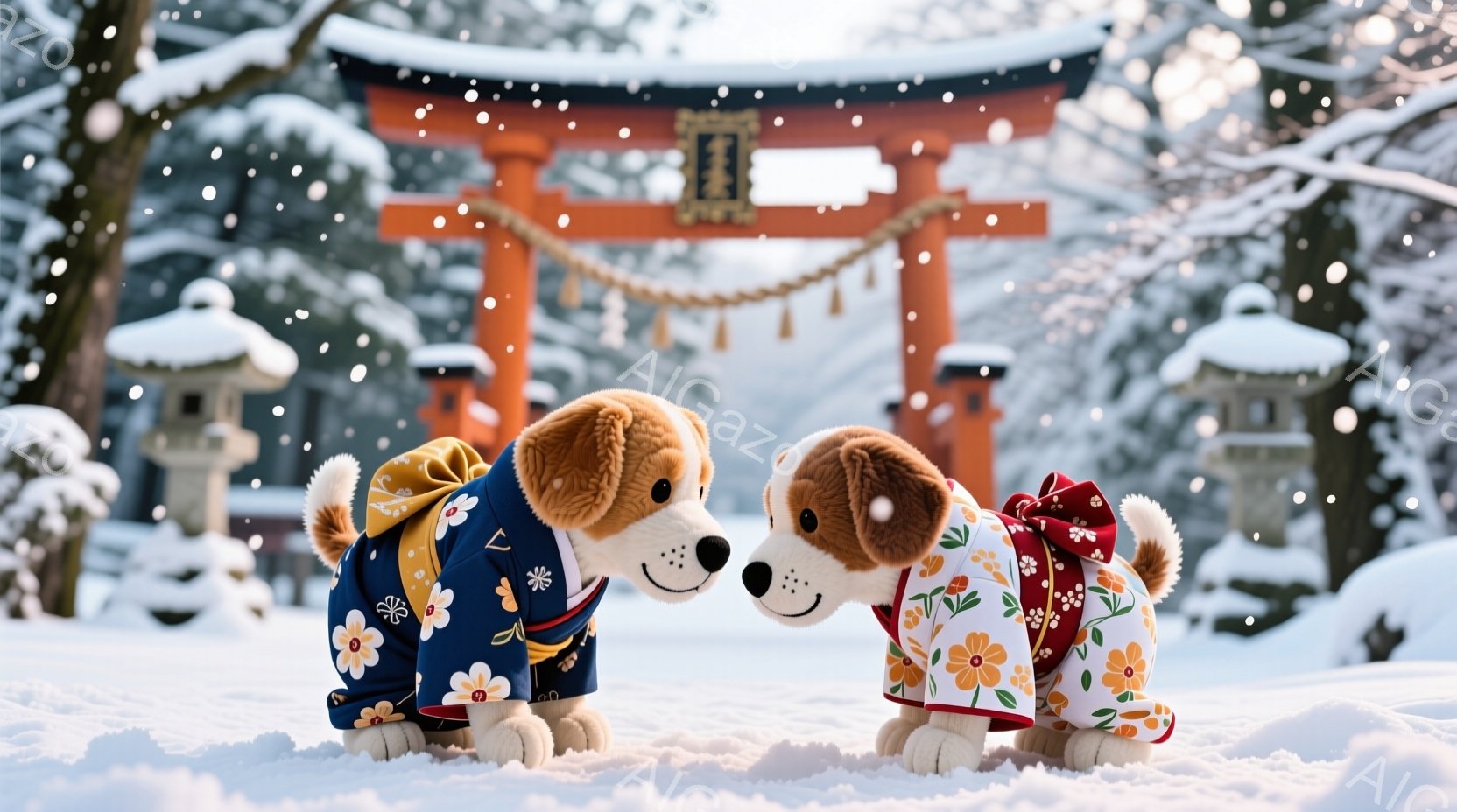 雪が降る中、着物を着た二匹の犬が向かい合っています。一匹は濃紺地に白い模様の着物、もう一匹は淡いピンク地に花柄の着物で、それぞれ腰に赤い帯を結んでいます。背景には雪で覆われた鳥居と石灯籠があり、冬の静 - AI生成フリー素材