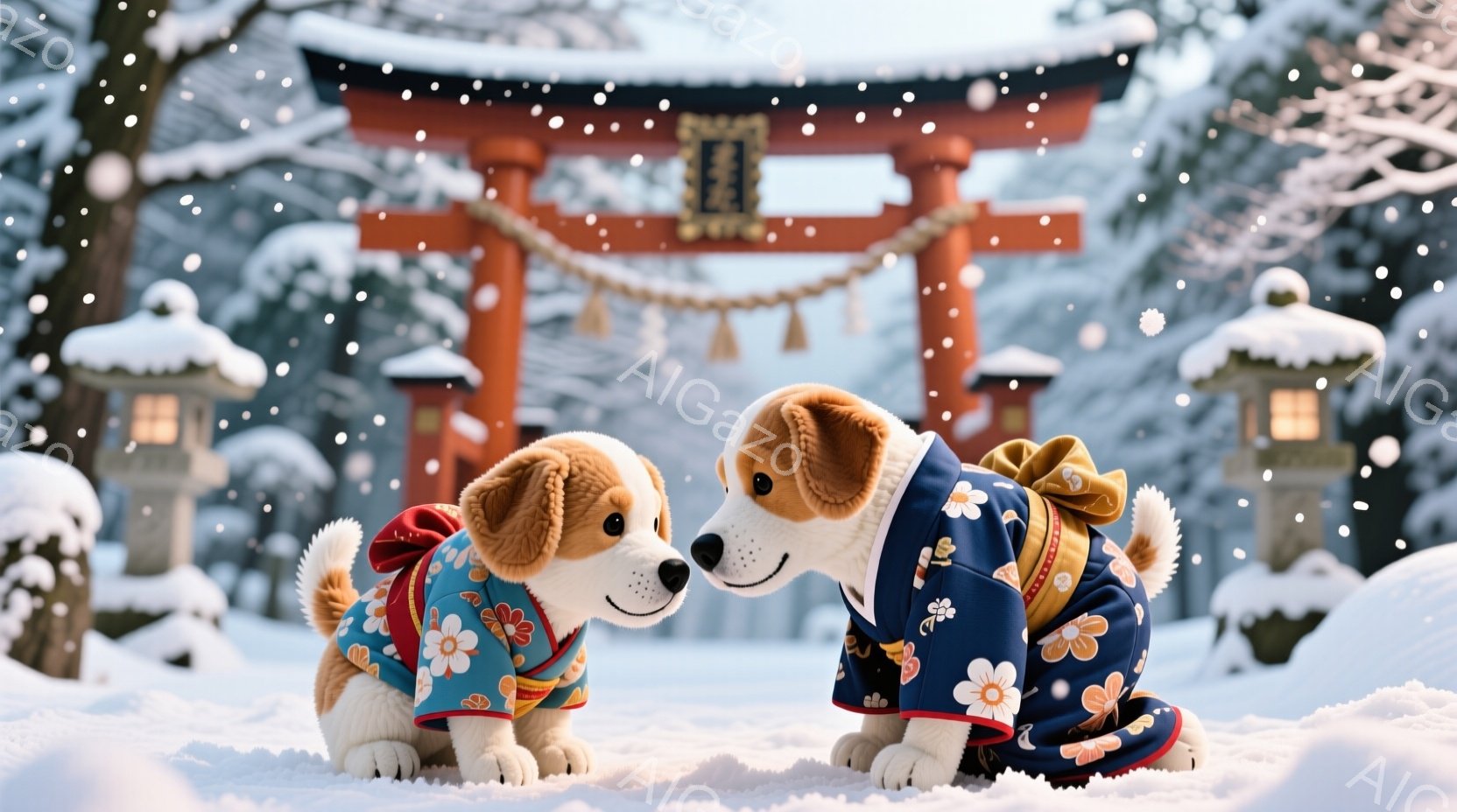 雪景色の中で、二匹のコーギー犬が寄り添っています。彼らは青地に白い花柄が描かれた着物のような服を着ており、腰には赤い帯が巻かれています。背景には赤い鳥居と雪に覆われた石灯籠があり、静かで穏やかな冬の雰囲気を醸し出しています。
