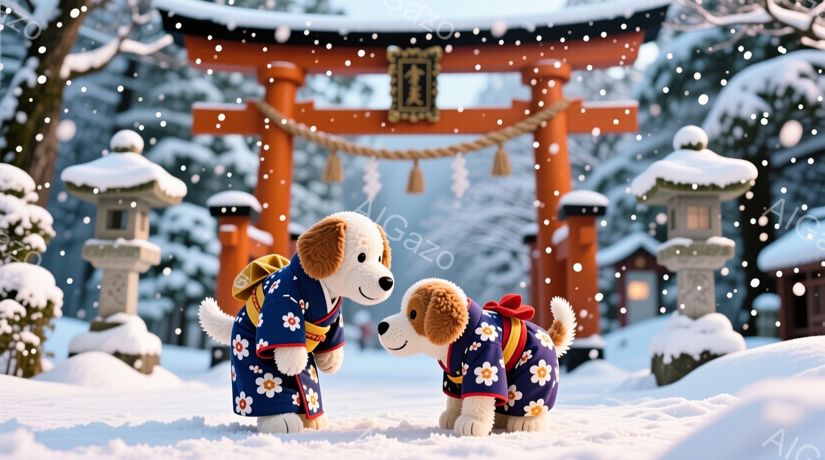 雪景色の中に、青い花柄の着物を着た2匹の犬が立っています。犬たちは正面を向き合い、少し微笑んでいるような表情で、お互いを見つめ合っています。背景には、雪をかぶった鳥居と雪灯籠があり、冬の穏やかで温かい - AI生成フリー素材