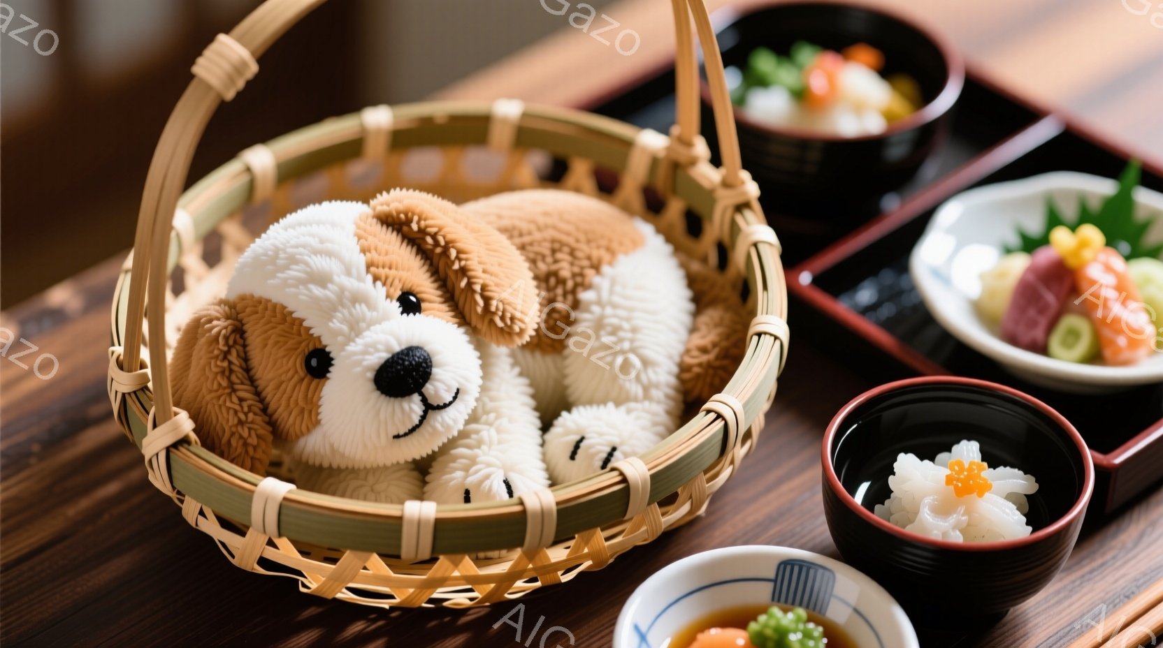 籐編みの籠の中に、ふわふわの茶色と白の犬のぬいぐるみが入っています。その周りには、寿司や味噌汁などの日本食が盛り付けられた小さな黒いお皿や白いお皿が並んでいます。木製のテーブルの上で、温かく穏やかな雰囲気が漂っています。
