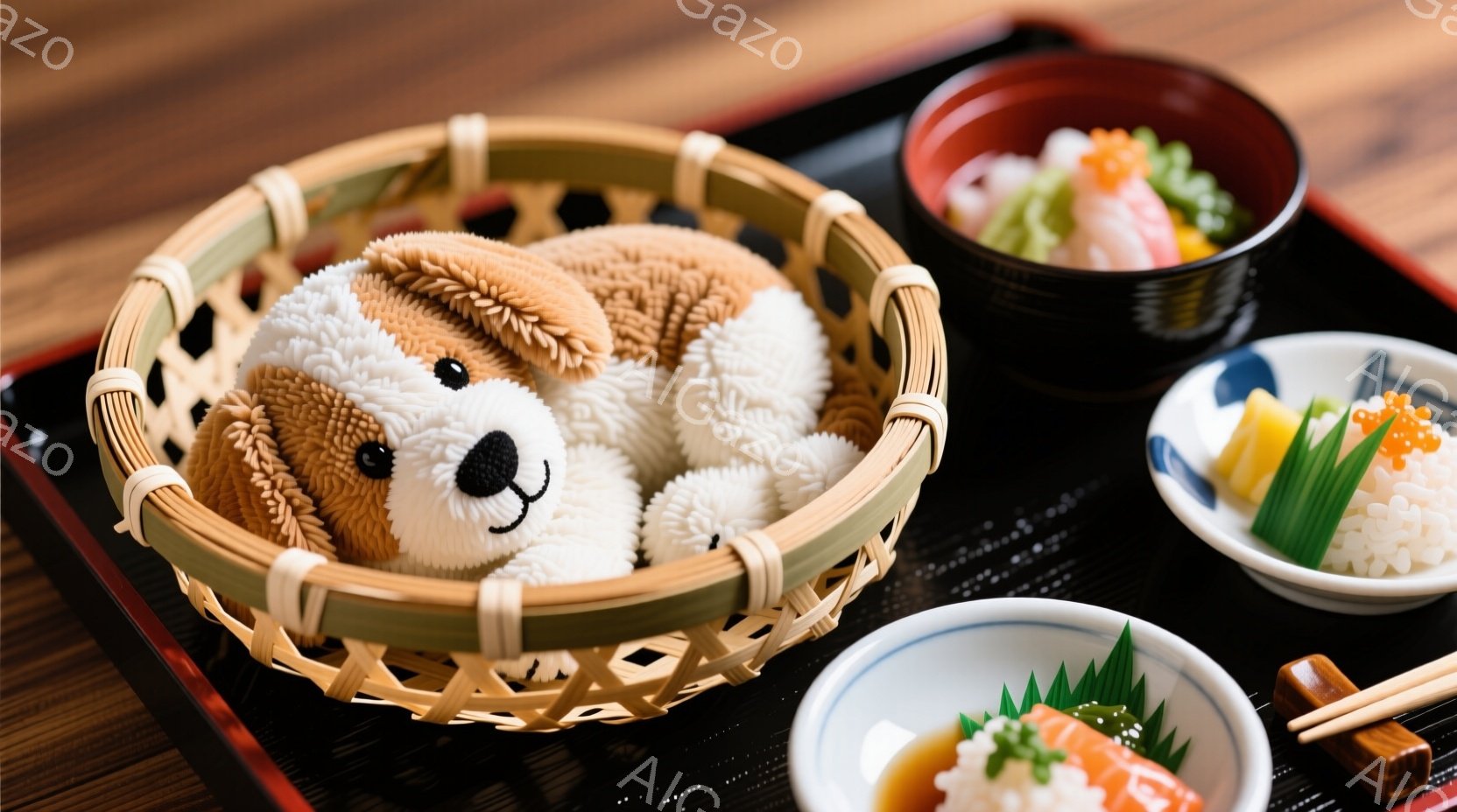 籐で編まれたバスケットの中に、ふわふわの白い子犬のぬいぐるみが入っています。周りには、寿司や海鮮丼などの和食が盛り付けられた器が並べられ、木製の膳の上に置かれています。全体的に暖かく、可愛らしい雰囲気で、食欲をそそるような構図です。