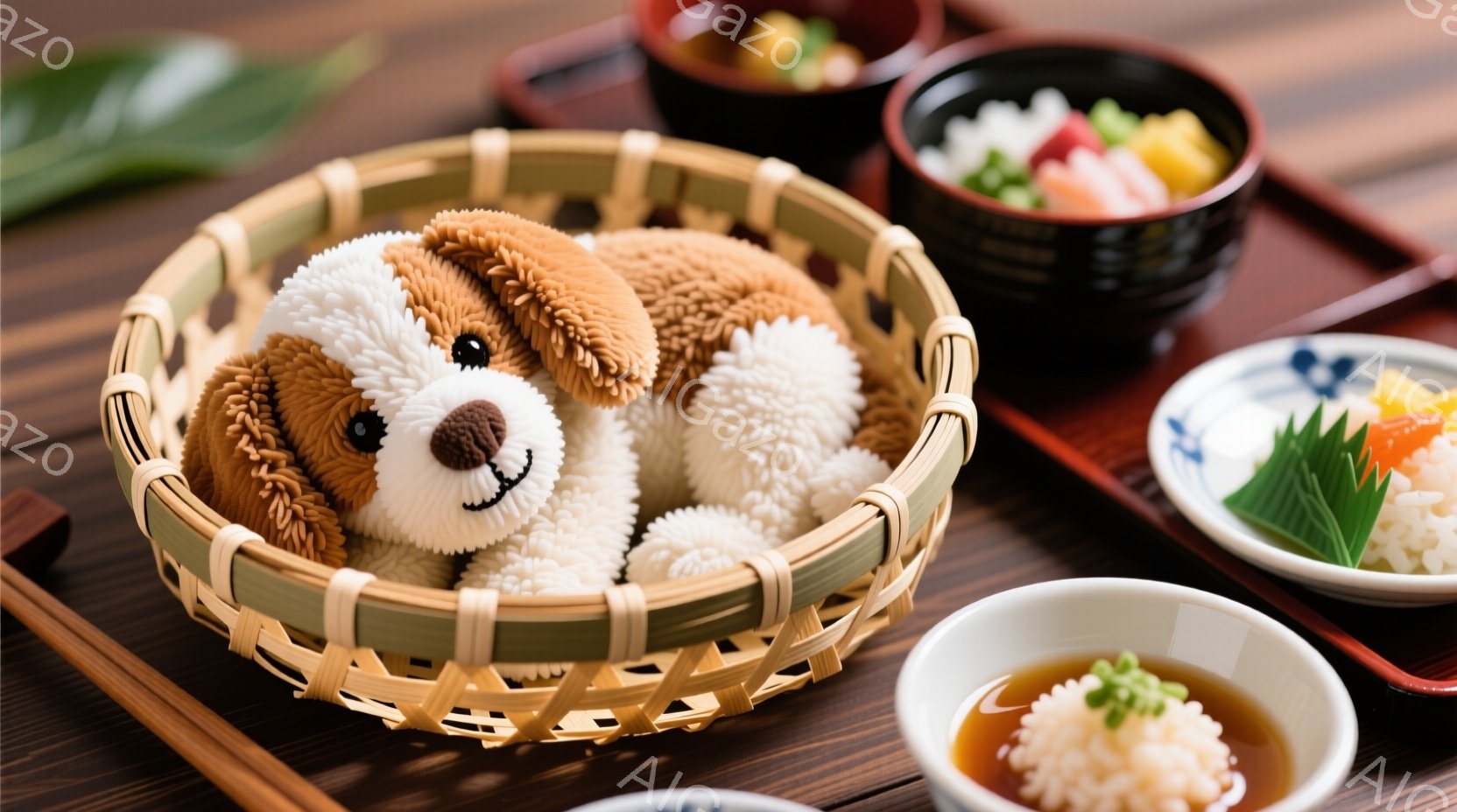 籐編みの籠の中に、ふわふわの茶色と白の犬のぬいぐるみが入っています。周りには、お茶碗や小皿など、日本の食事が盛り付けられた器が置かれ、食卓の様子が伺えます。全体的に温かく、落ち着いた雰囲気で、まるでぬいぐるみが食事を楽しんでいるかのようなユーモラスな光景です。