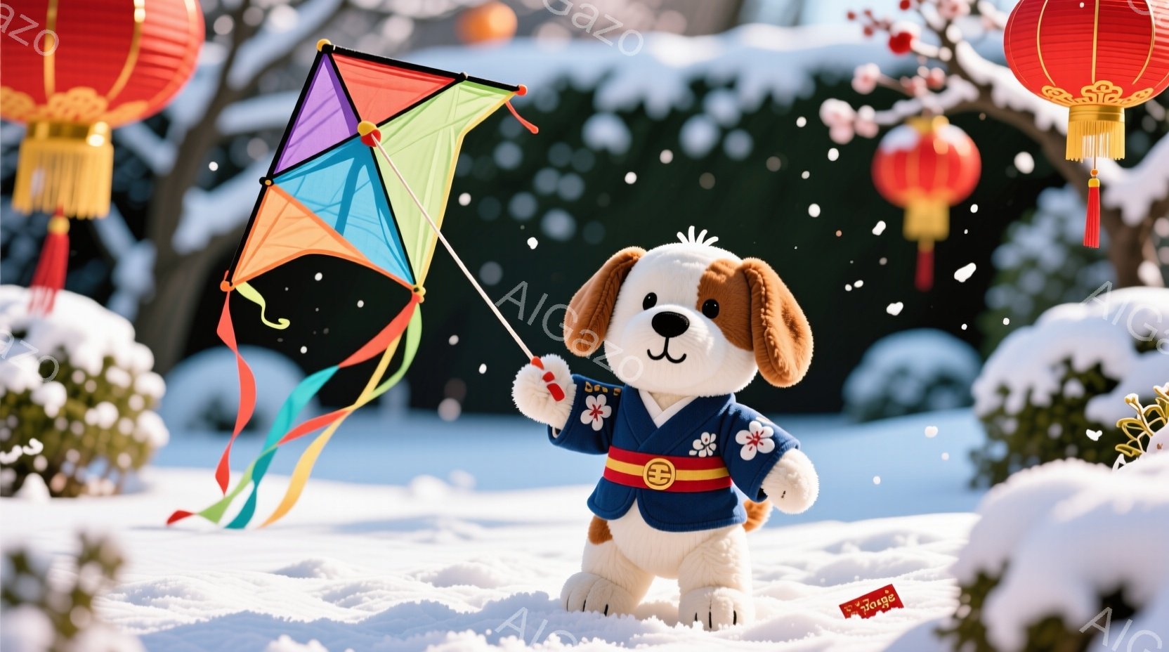 白い雪景色の中に、青い着物を着た犬のぬいぐるみがおもちゃの凧を高く掲げて立っています。凧は赤、黄、青、緑のカラフルな色で、雪景色に鮮やかなコントラストを添えています。背景には、雪に覆われた茂みや赤い提灯が見え、全体的に穏やかで冬の祝祭の雰囲気が漂っています。