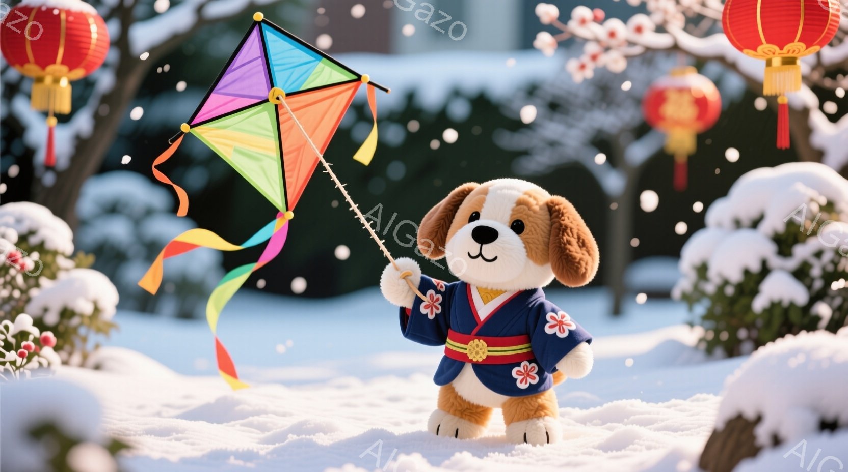 雪景色の中に、着物を着た犬のぬいぐるみがあります。犬は紫色の着物に白い花柄が描かれており、片手に色とりどりの凧を持っています。背景には赤い提灯が飾られ、雪に覆われた木々が冬の静寂な雰囲気を醸し出してい - AI生成フリー素材