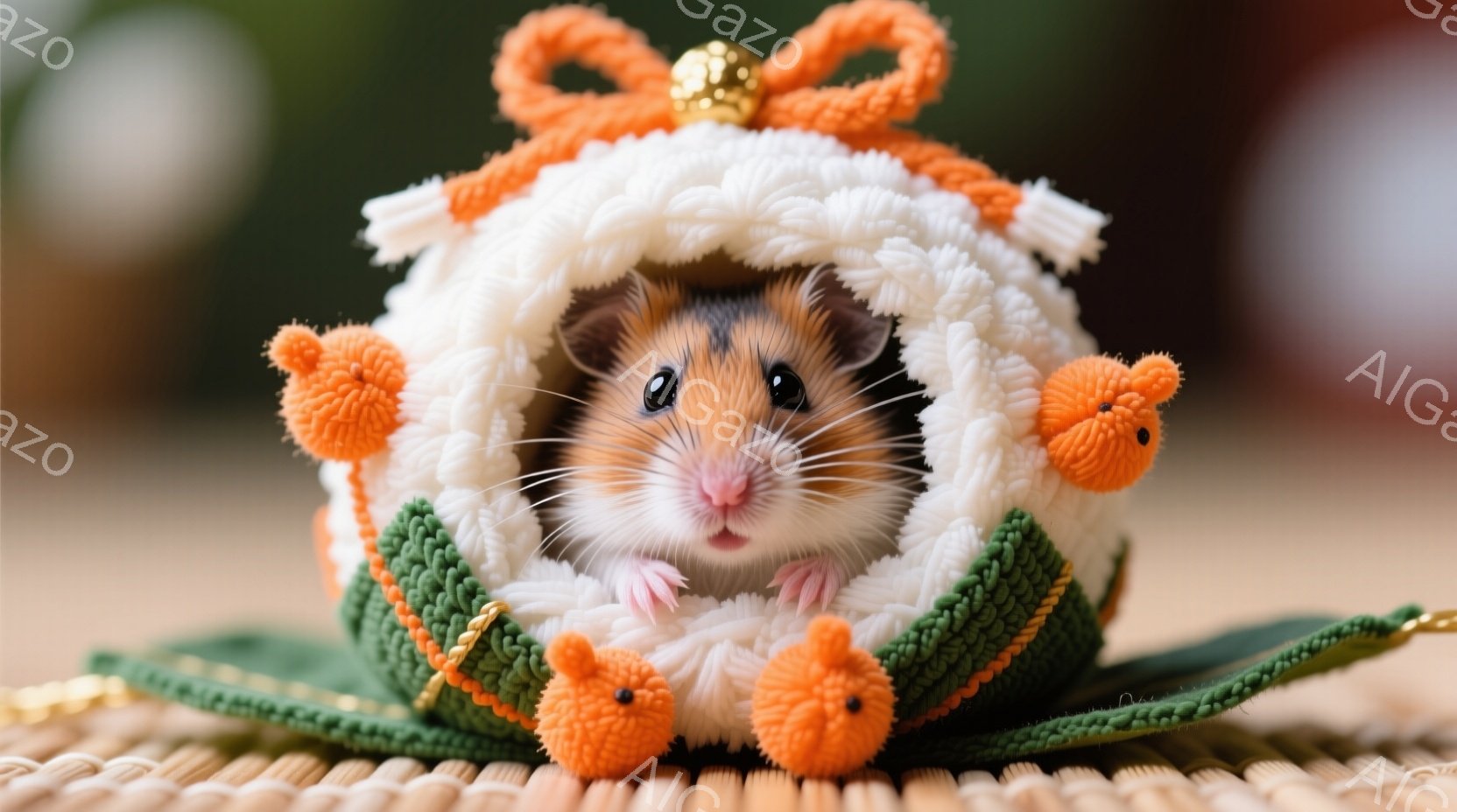 小さなハムスターが、緑とオレンジの可愛らしい衣装のようなものに包まれて座っています。衣装はまるで日本の伝統的なお祝いの装飾のようで、オレンジ色のポンポンがアクセントになっています。ハムスターは丸い目でカメラを見つめ、愛らしい表情を浮かべています。
