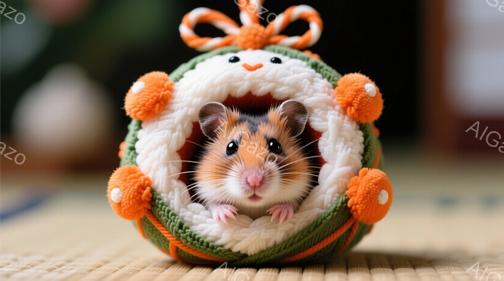 ハムスターが緑色の編み物の帽子のようなものから顔を出しています。帽子はオレンジと白のポンポンで飾られ、まるで小さな祭りのような雰囲気です。背景は畳の床で、全体的に暖かく、可愛らしい印象を与えます。