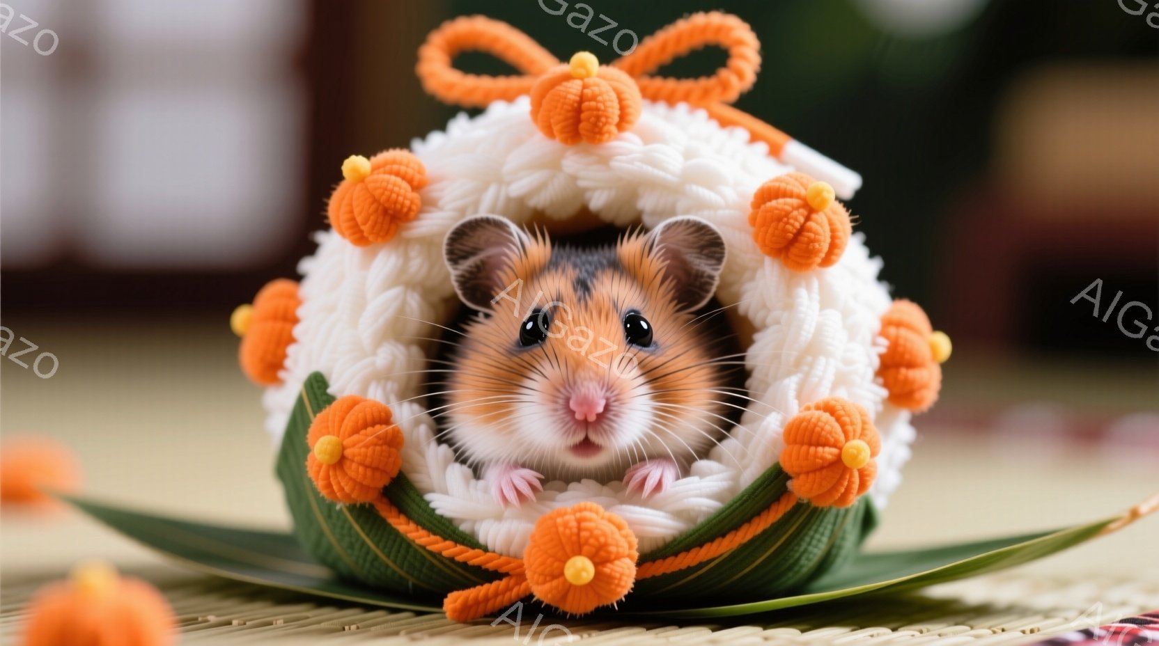 小さなハムスターが、お祝いの衣装を着て微笑んでいます。白いご飯に見立てた衣装に、オレンジ色の可愛らしい花飾りと赤い紐がついており、まるでお寿司のようです。緑色の葉の上に置かれ、穏やかで温かい雰囲気を醸し出しています。