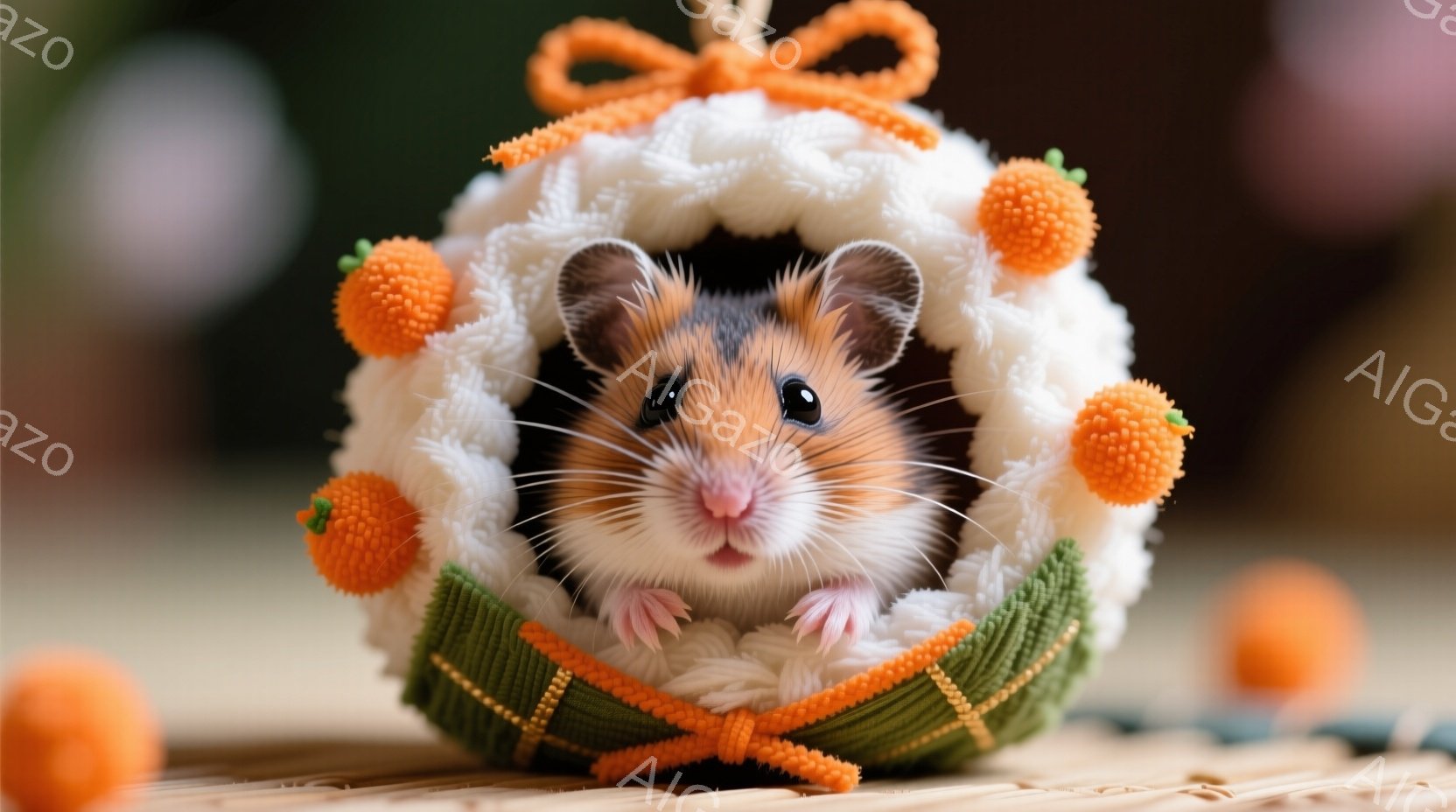 小さなハムスターが、オレンジ色のポンポンと緑色のリボンで飾られた白い編み物の円形の花輪の中に座っています。ハムスターは顔を覗かせ、好奇心と少し緊張した表情をしています。背景はぼやけており、木製の表面と追加のオレンジ色のポンポンがわずかに見え、全体的に暖かく、可愛らしい雰囲気を醸し出しています。