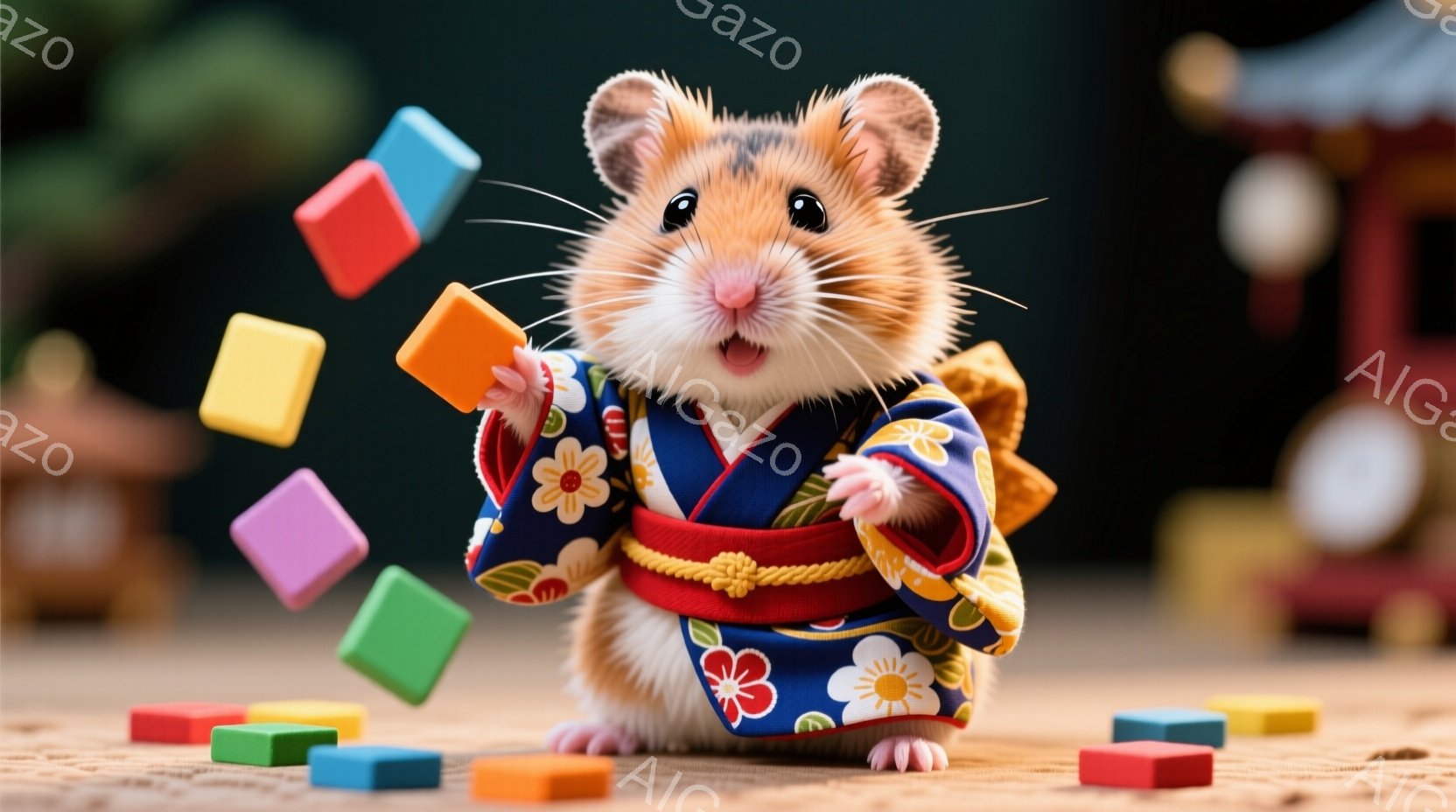 ハムスターが青地に花模様の着物を着て、両手を広げ、カラフルな立方体が宙を舞っている様子が描かれています。その表情は嬉しそうで、小さな前足で何かを訴えかけるような可愛らしいポーズをとっています。背景には日本の伝統的な建物が見え、全体的に明るく、遊び心あふれる雰囲気です。