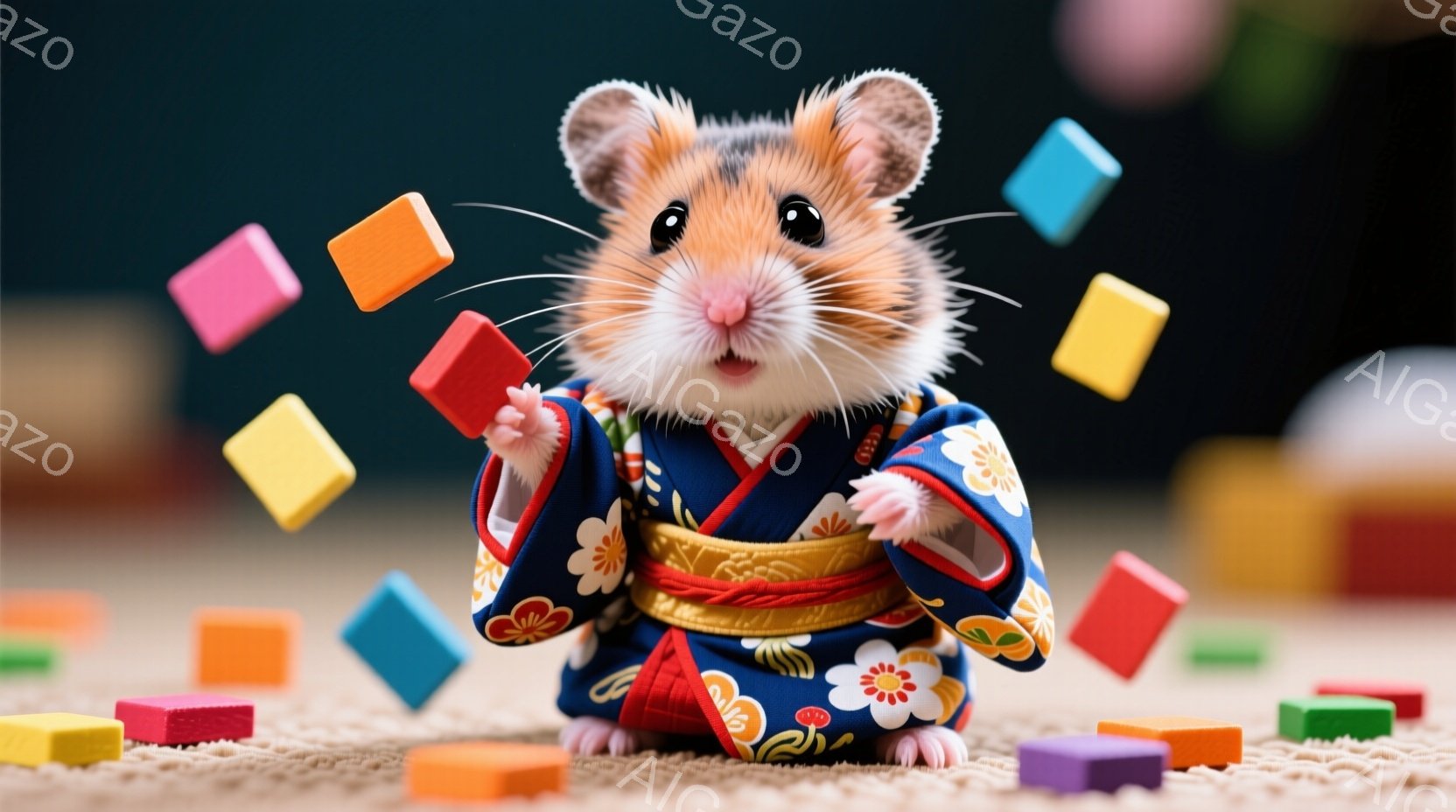 提灯が並ぶ中に、茶色の狐のぬいぐるみがちょこんと座っています。狐は少し上目遣いで、可愛らしい表情をしており、まるで何かを見ているようです。背景には木製の建物や緑豊かな自然が見え、お祭りや神社の賑やかな - AI生成フリー素材