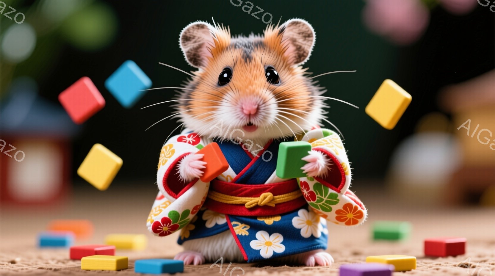 ハムスターが鮮やかな青色の着物に、赤い帯と黄色の袖飾りをつけています。小さな体で両手にカラフルな積み木を持ち、嬉しそうな表情で正面を見つめています。背景には茶色の畳のようなものが広がり、様々な色の積み木が浮遊しており、全体的に明るく、遊び心のある雰囲気を醸し出しています。