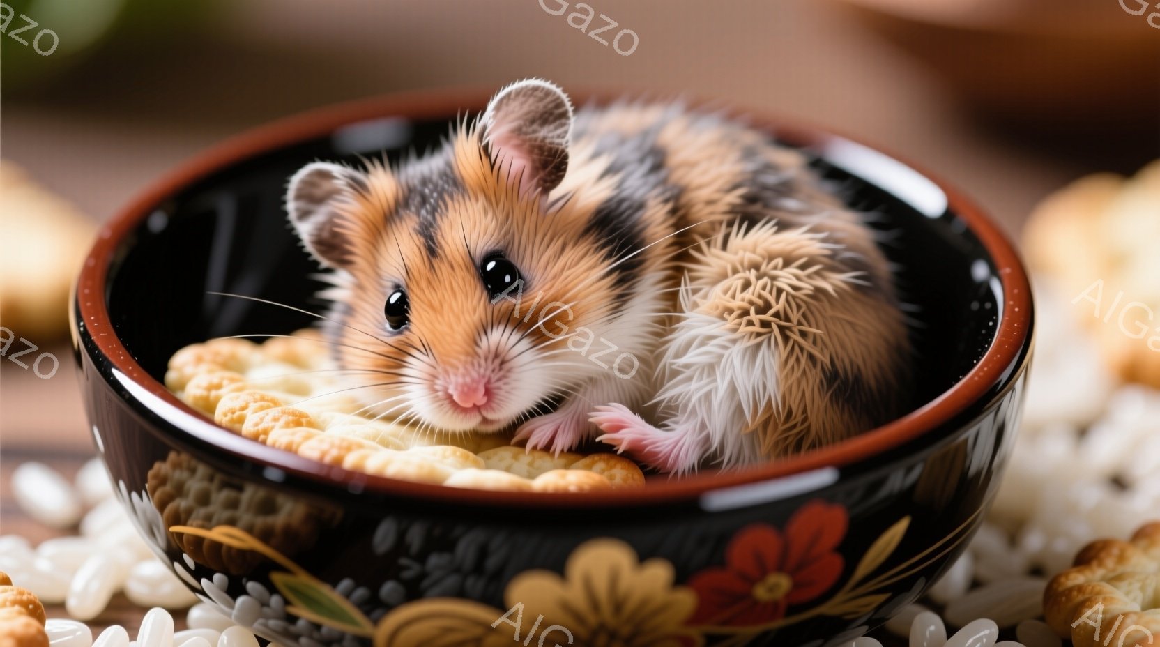 小さなハムスターが、黒と赤の模様が入ったお茶碗の中で丸まって座っています。ハムスターは茶色、白、黒の毛並みで、小さな顔にはつぶらな瞳が輝いています。お茶碗の周りには白い花びらと、カリカリとしたおやつが散らばっており、暖かく可愛らしい雰囲気を醸し出しています。
