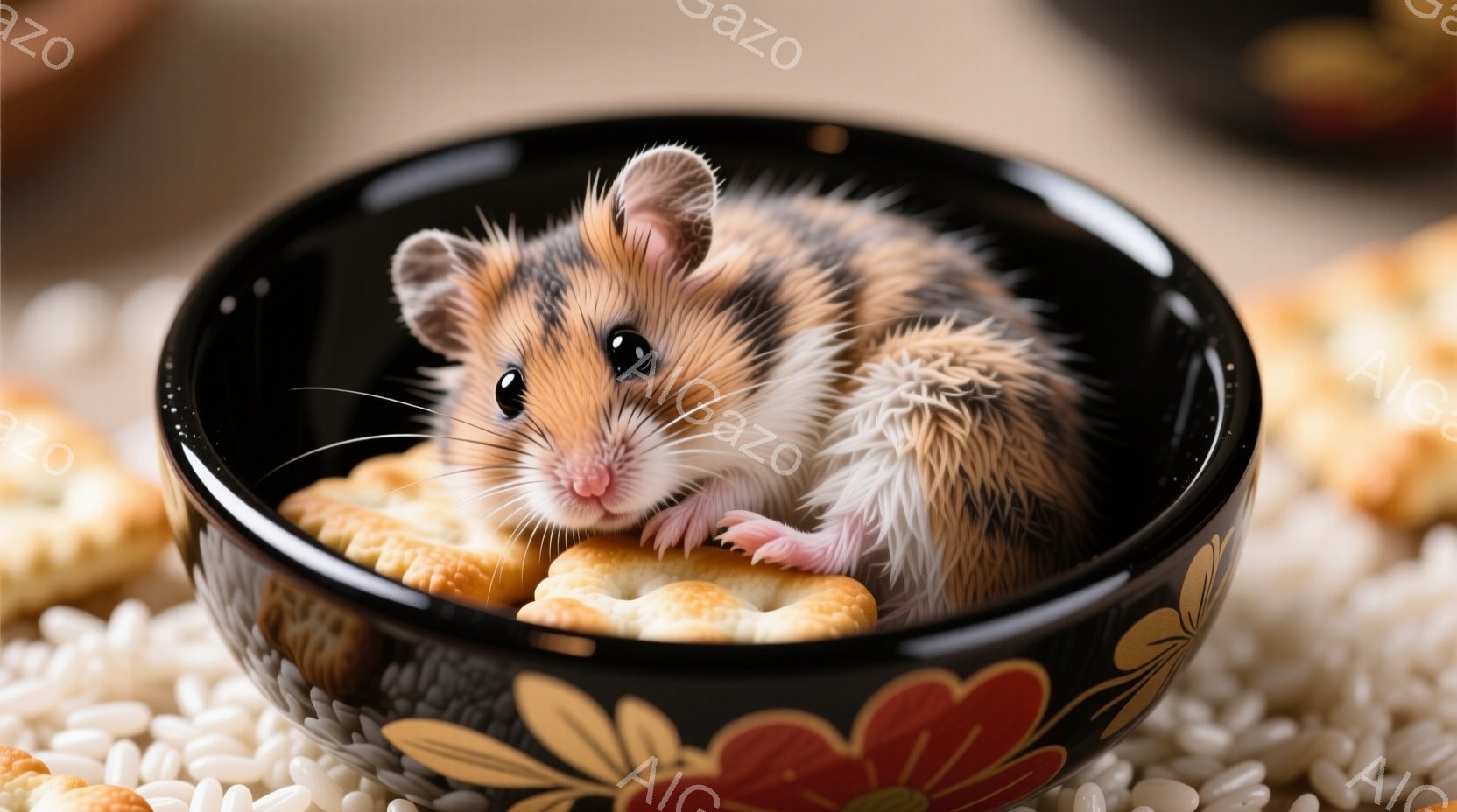 ふわふわとした白い胸元に茶色の模様が入ったフクロウが、ロープの上に座って、小さな金のベルを掴んでいます。背景には雪が降り積もる木製の建造物があり、屋根には雪が積もっています。全体的に暖かく、可愛らしい冬の雰囲気が漂っています。