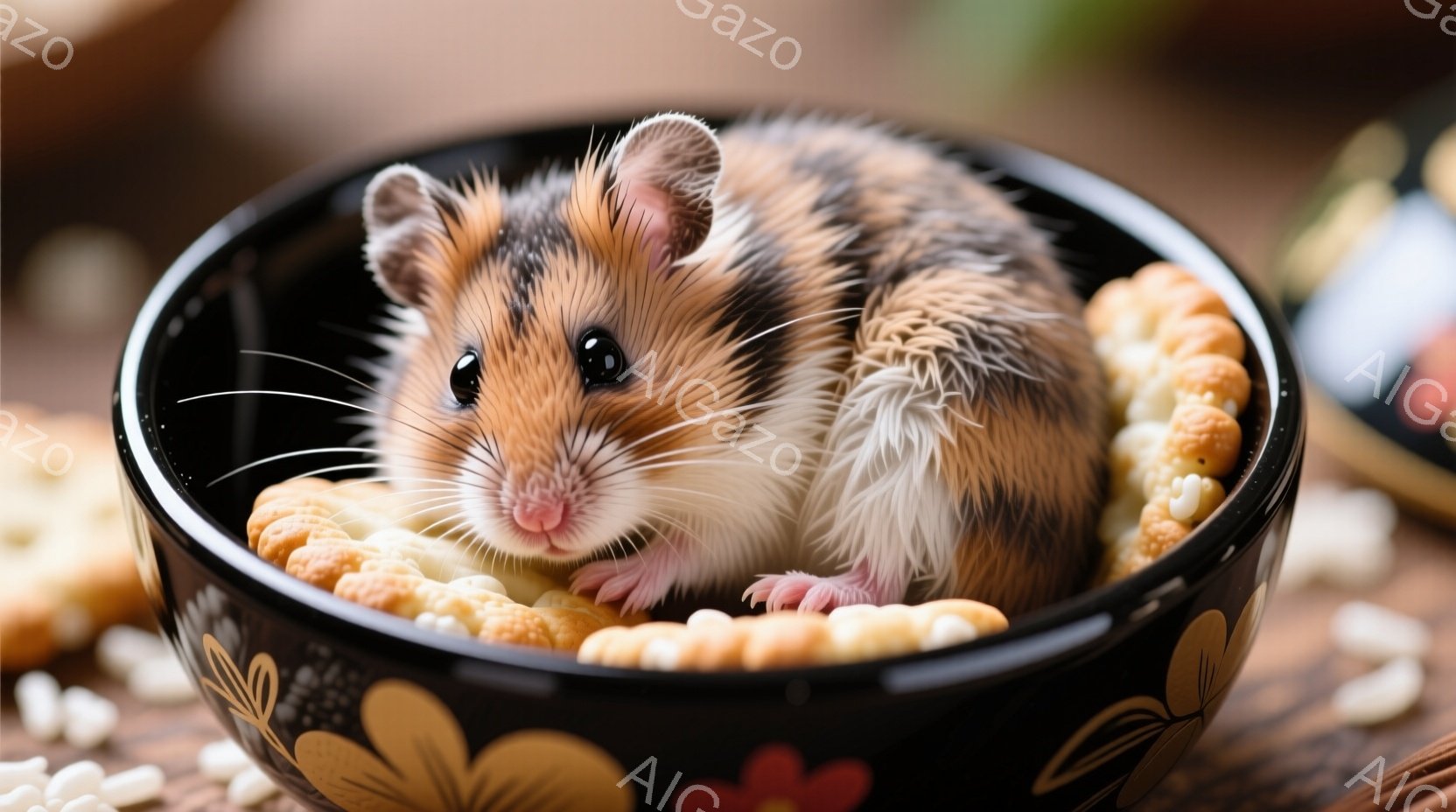 小さなハムスターが、金色の花模様が描かれた黒いお椀の中に座っています。ハムスターはオレンジと白の毛並みで、小さく可愛らしい鼻と、つぶらな瞳が印象的です。背景にはぼんやりと他のものが見え、全体的に温かく、ほのぼのとした雰囲気です。