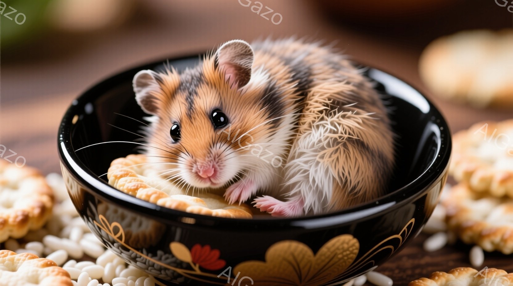 小さなハムスターが、黒地に金色の花模様が描かれたお椀の中にちょこんと座っています。ハムスターは茶色と白の毛並みで、小さな鼻が可愛らしく、丸い瞳でこちらを見つめています。お椀の周りには、米粒のようなものと、小さな焼き菓子が散らばっており、温かみのある雰囲気を醸し出しています。