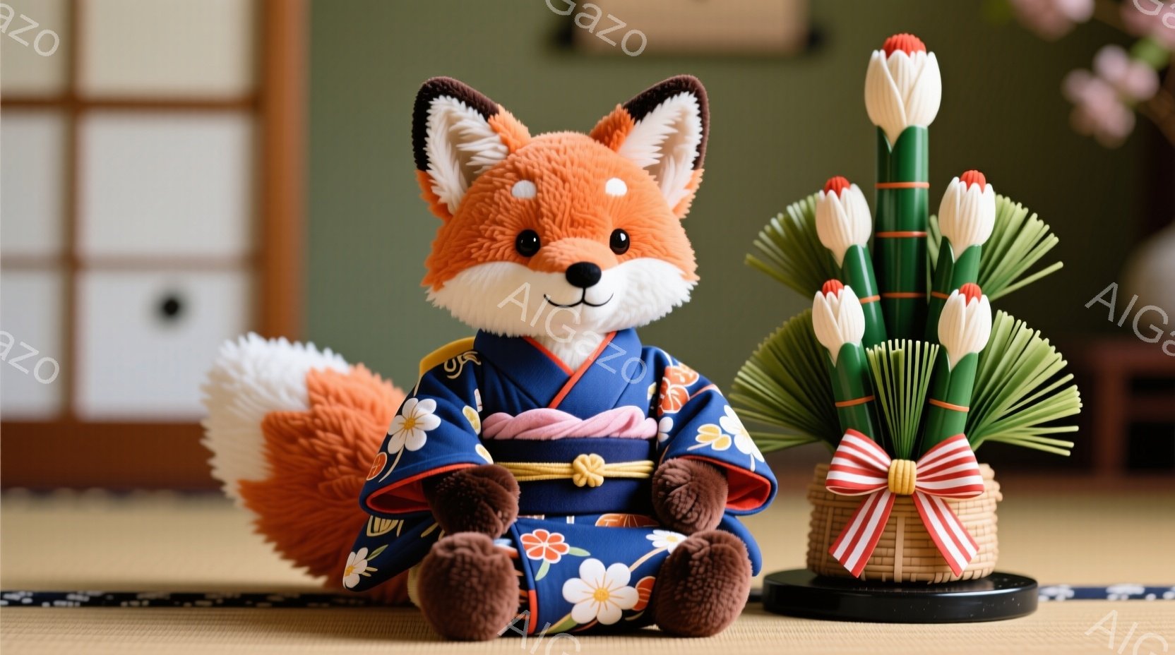 明るい藍色の着物を着た、ふわふわのオレンジ色の狐のぬいぐるみが座っています。着物には白い花柄が描かれており、茶色の帯が締めてあります。背景には畳と襖があり、台座に乗ったお祝いの花飾りと共に、落ち着いた和の雰囲気が漂っています。