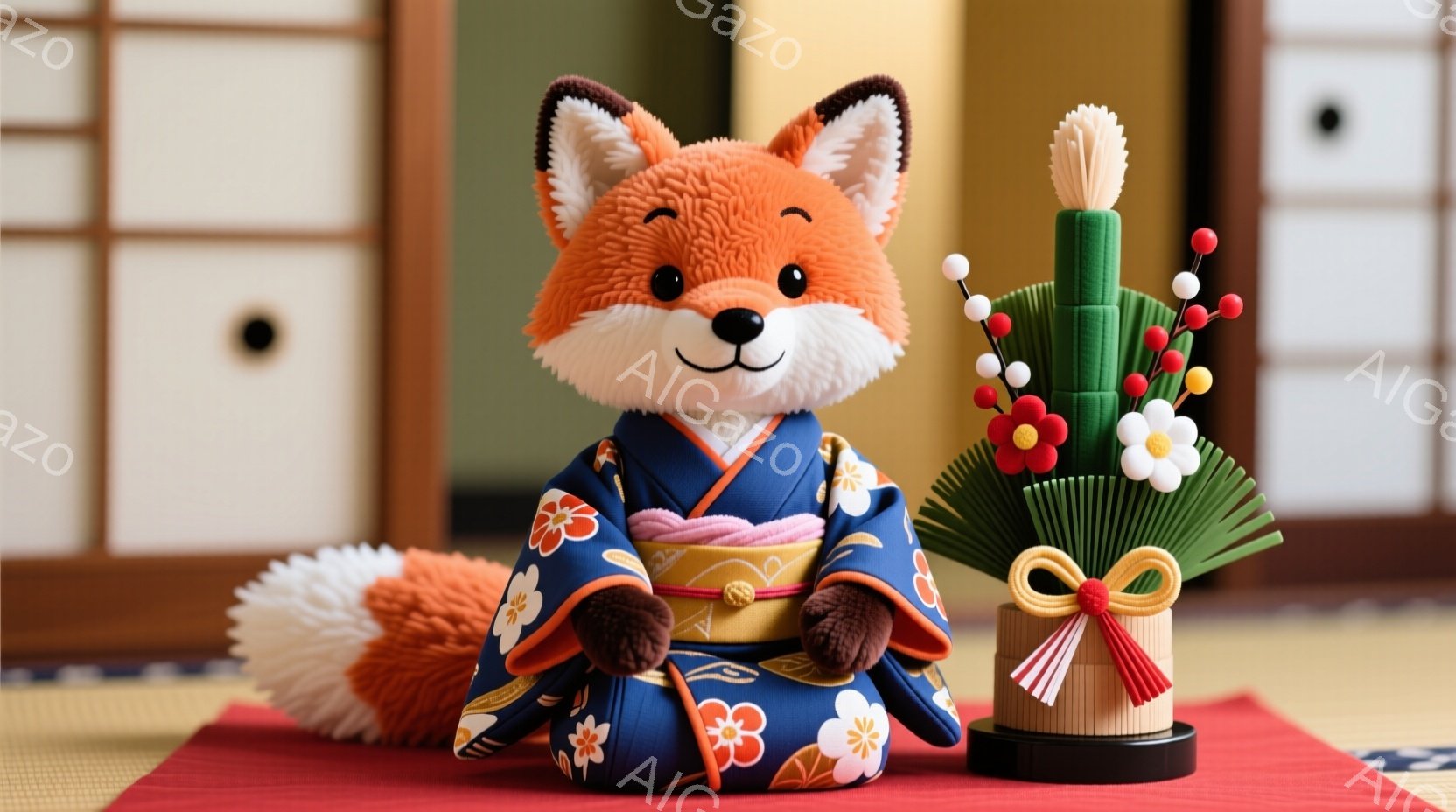 鮮やかな紺色の着物を着た、ふわふわのオレンジ色の狐が座っています。着物には、ピンクと黄色の花柄が描かれており、腰には金色の帯が巻かれています。背景には畳と、新年の飾りである鏡餅が置かれ、和やかなお正月らしい雰囲気を醸し出しています。