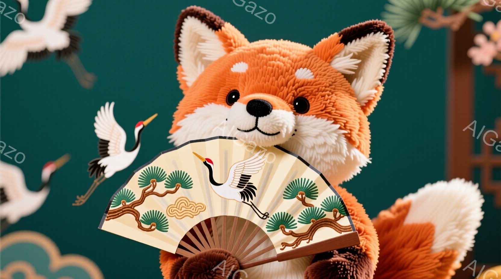 鮮やかなオレンジ色の毛並みの狐のぬいぐるみは、片手に趣のある扇子を持っています。扇子には、松の木と鶴が描かれており、優雅な雰囲気を醸し出しています。背景は深い緑色で、白鳥が舞い、全体として穏やかで幻想的な雰囲気を醸し出しています。