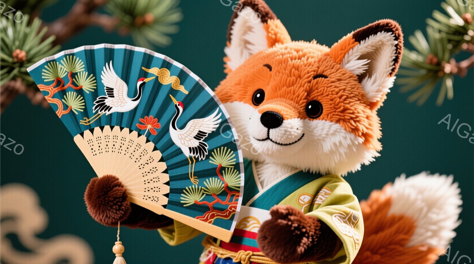 明るいオレンジ色の狐のぬいぐるみは、緑色の着物姿で、片手に扇子を持っています。扇子には鶴が描かれ、全体的に日本の伝統的な雰囲気が漂っています。背景にはぼやけた緑色の植物があり、暖かく落ち着いた印象を与えます。