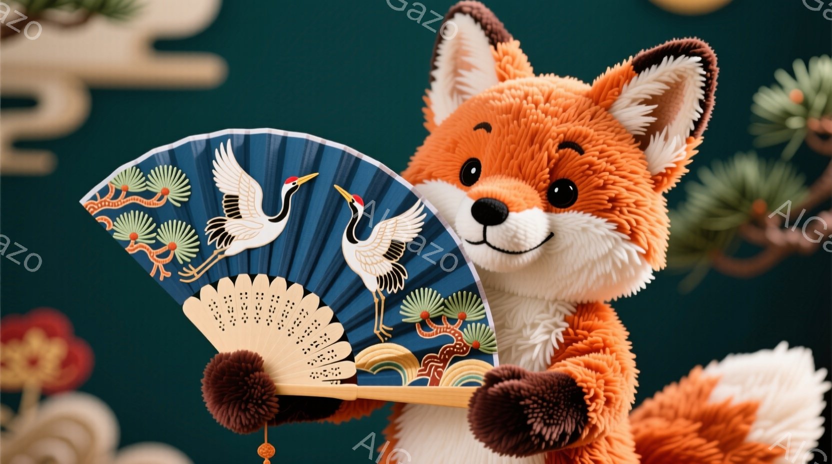 ふわふわのオレンジ色の狐が、青い背景に鶴と松の絵柄が描かれた扇子を持っています。狐は少し微笑んでおり、まるで日本の伝統的なお祭りに参加しているかのような雰囲気です。背景には赤い花と緑の葉が見られ、全体的に温かく、お祝いムードに満ちた印象を与えます。