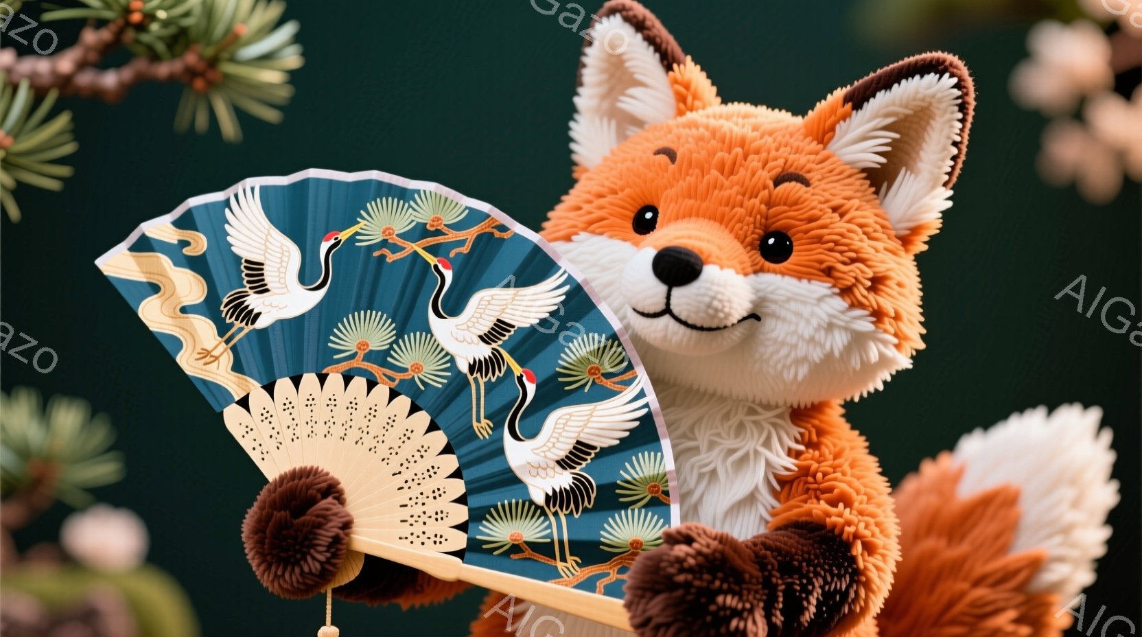 ふわふわのオレンジ色の狐が、片手に美しい扇子を持っています。扇子には白鳥と松の絵が描かれており、背景には緑色のぼかしと、小さな白い花が咲く枝が見えます。全体的に暖かく、柔らかい雰囲気が漂い、春の訪れを感じさせます。